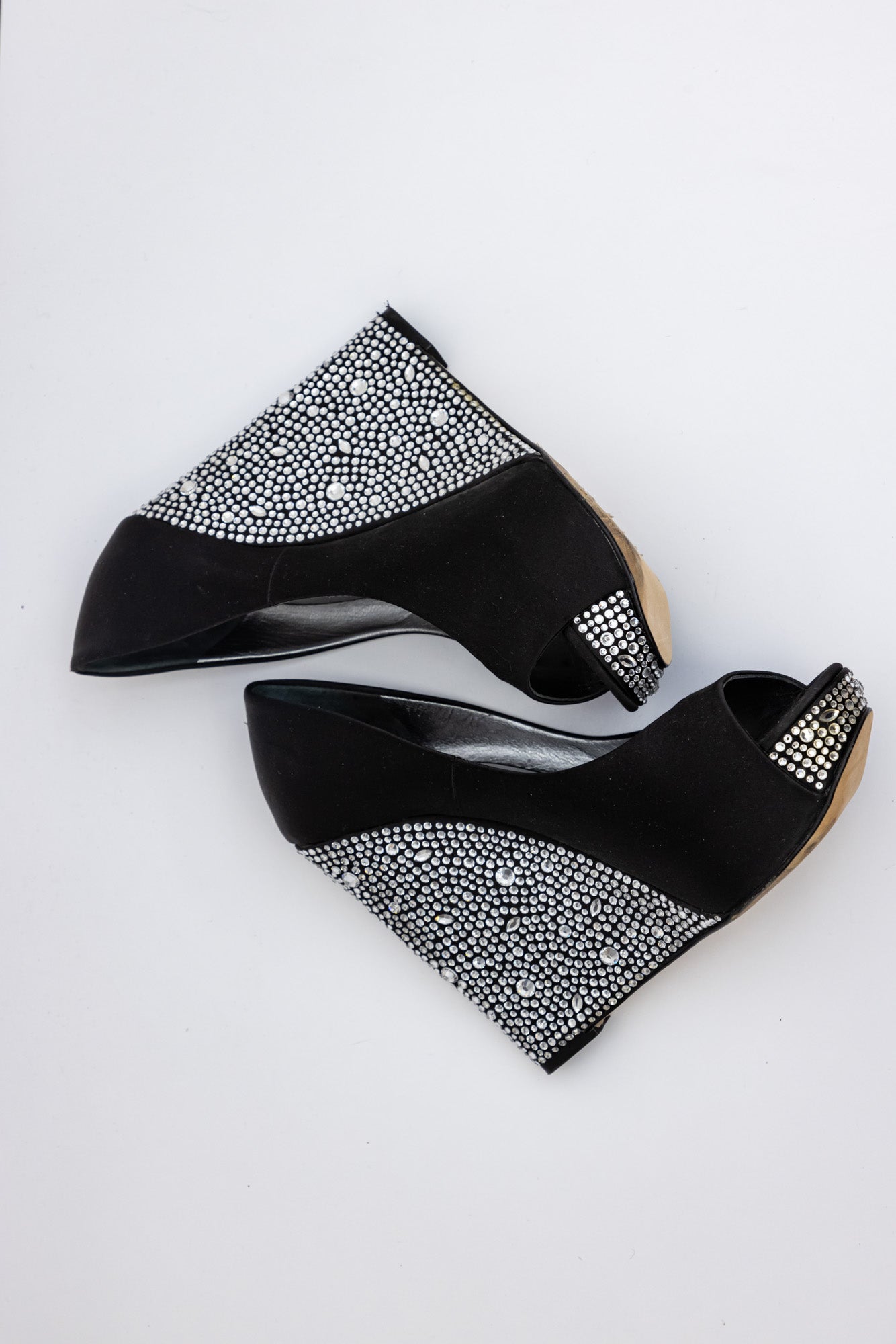 GINA Black Crystal Embellished Satin Belle Open Toe Wedge Pumps