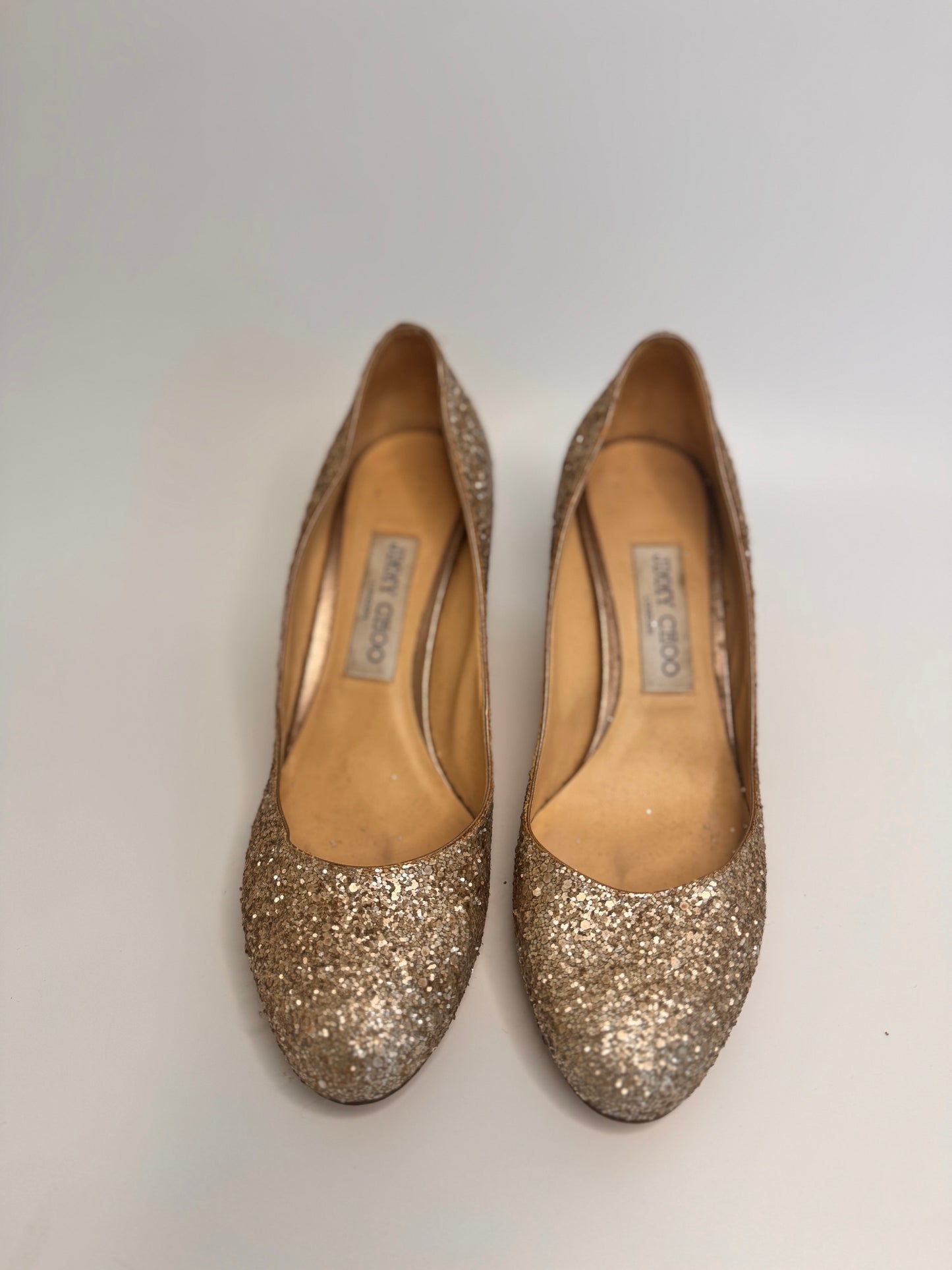 JIMMY CHOO Metallic Gold Coarse Glitter Billie Block Heel Pumps Size 38