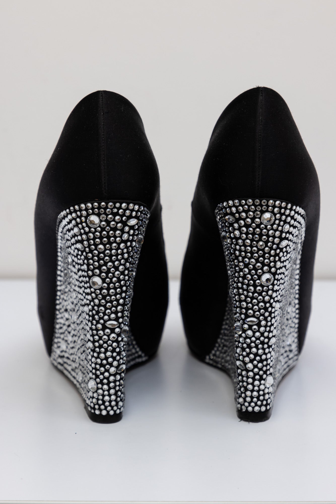 GINA Black Crystal Embellished Satin Belle Open Toe Wedge Pumps