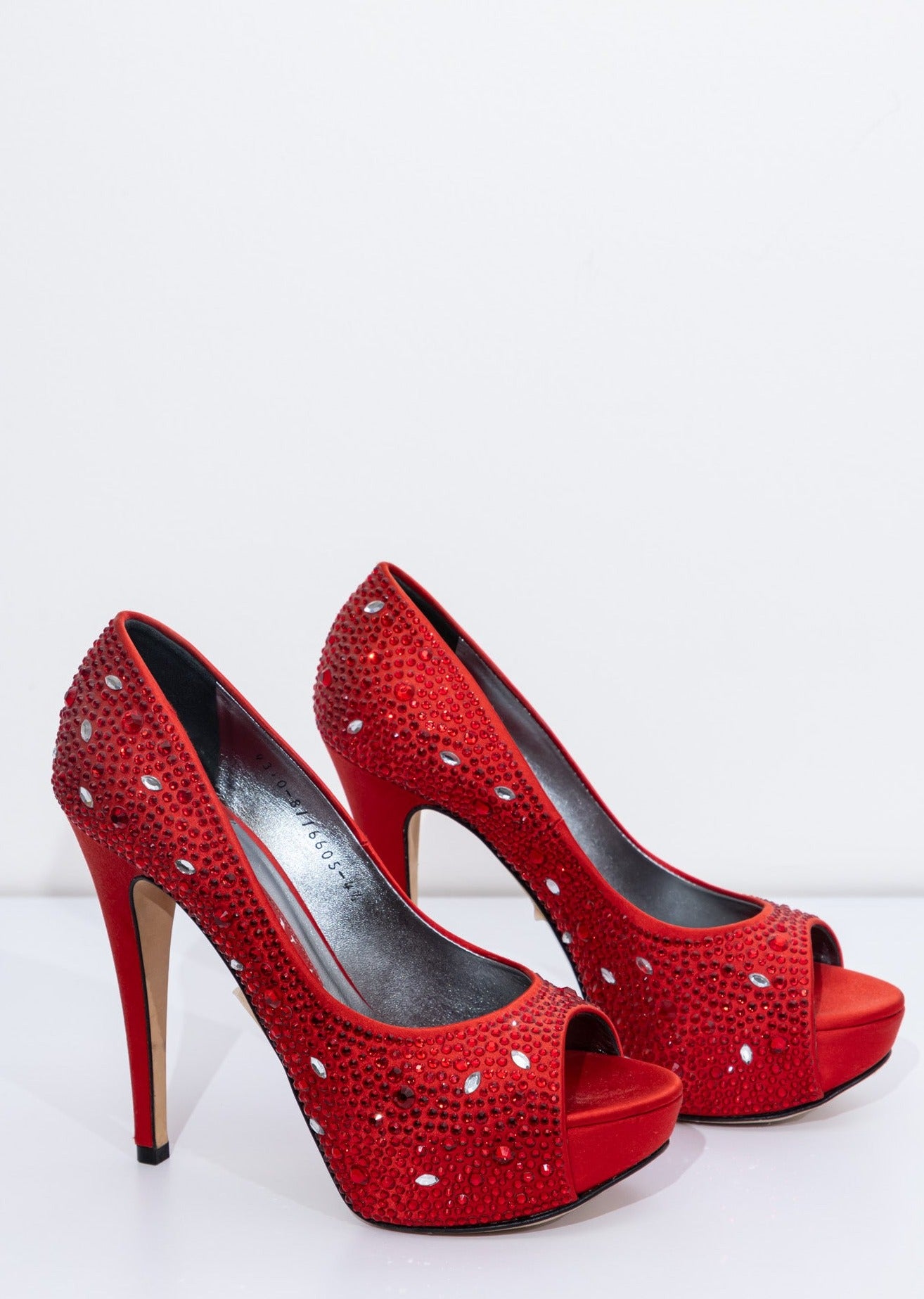 GINA Red Satin Crystal Embellished Peep Toe Platform Pumps | Size UK 4.5 | Made in England