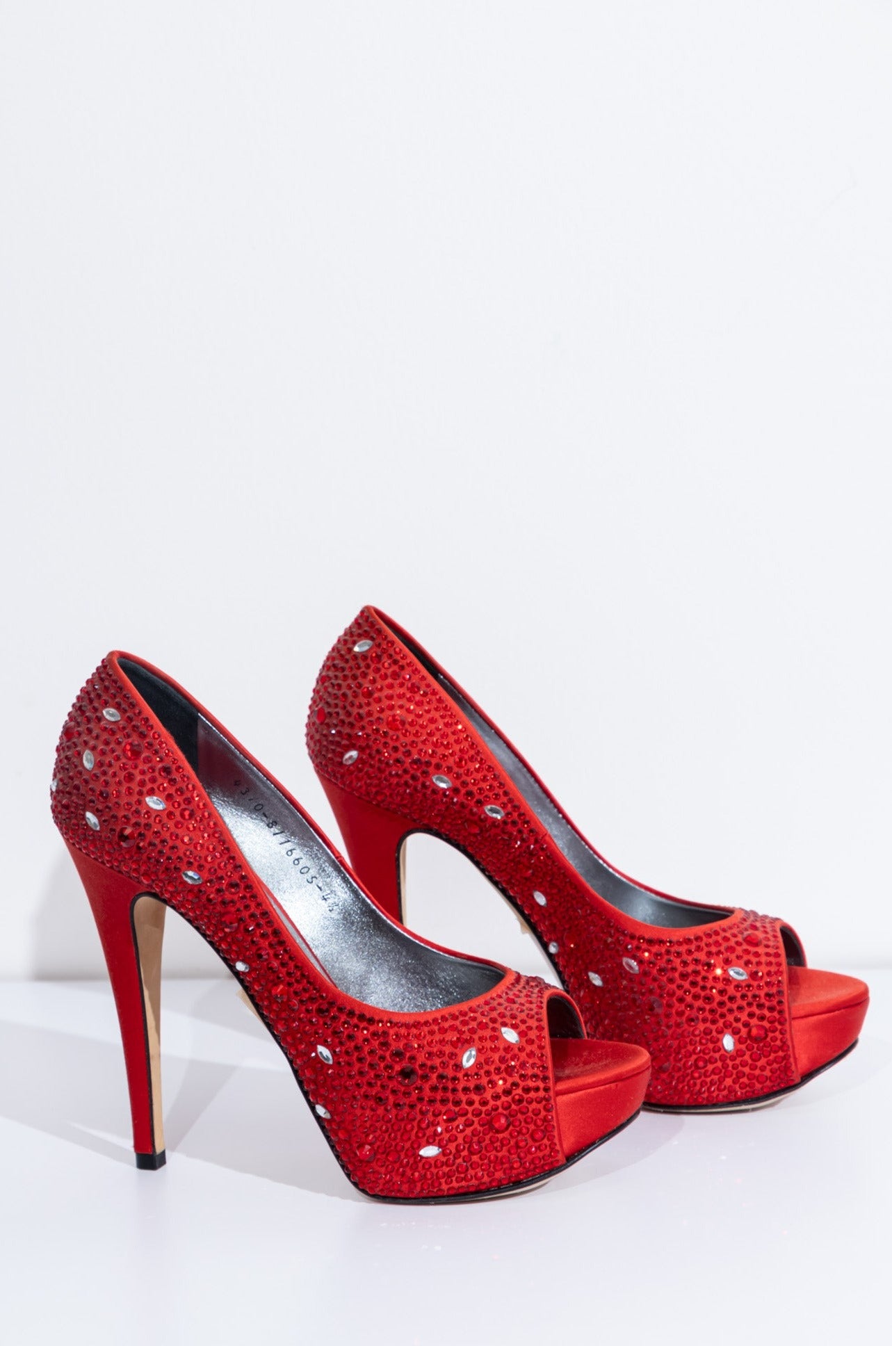 GINA Red Satin Crystal Embellished Peep Toe Platform Pumps