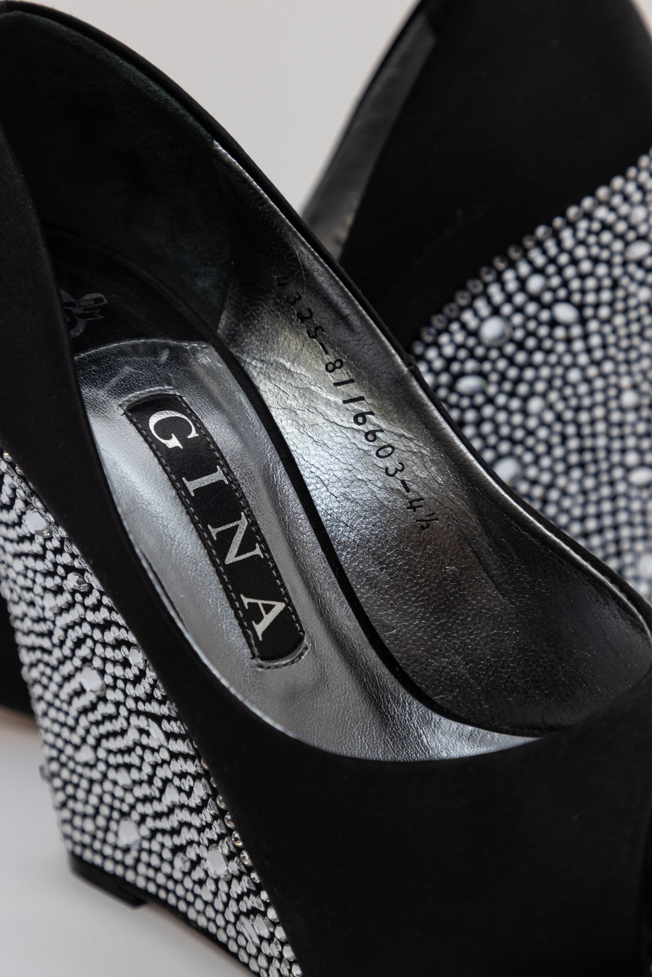 GINA Black Satin Crystal Embellished Wedge Pumps