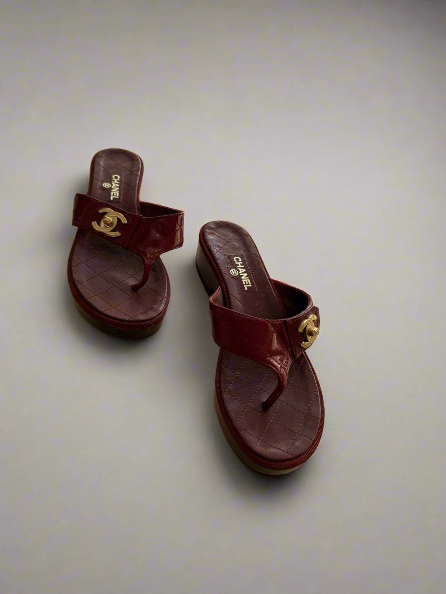 Chanel Burgundy Leather Platform Sandals – Size 38.5, Made in Italy