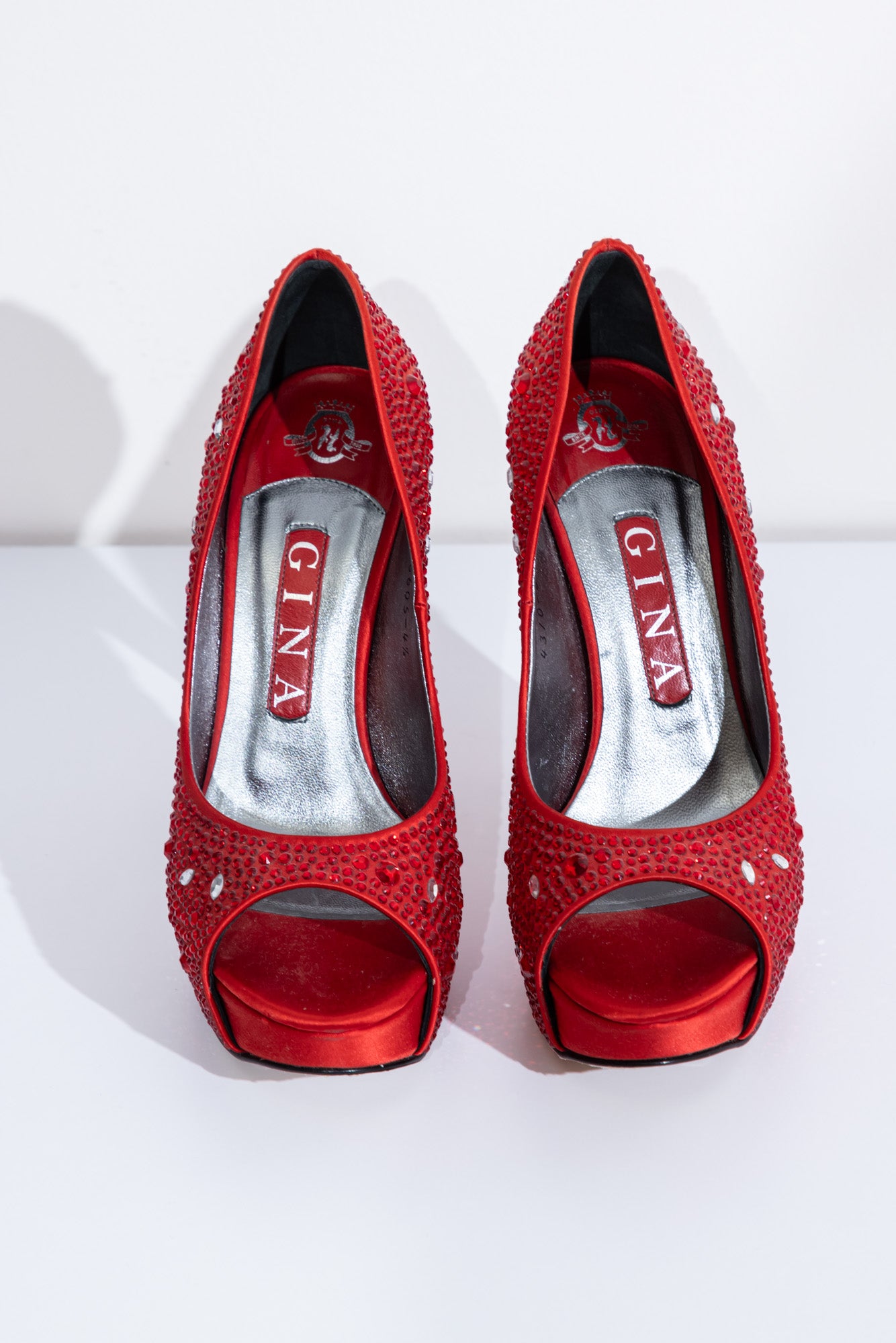 GINA Red Satin Crystal Embellished Peep Toe Platform Pumps