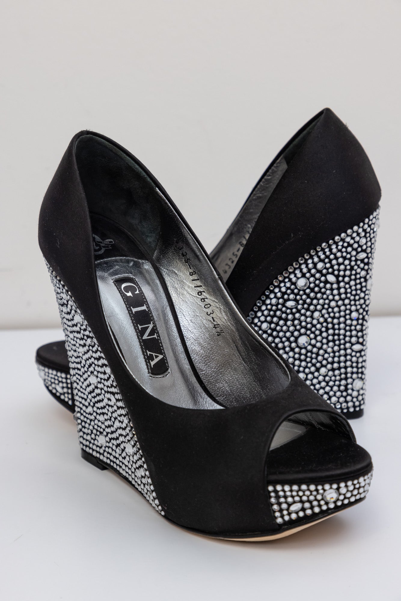 GINA Black Crystal Embellished Satin Belle Open Toe Wedge Pumps
