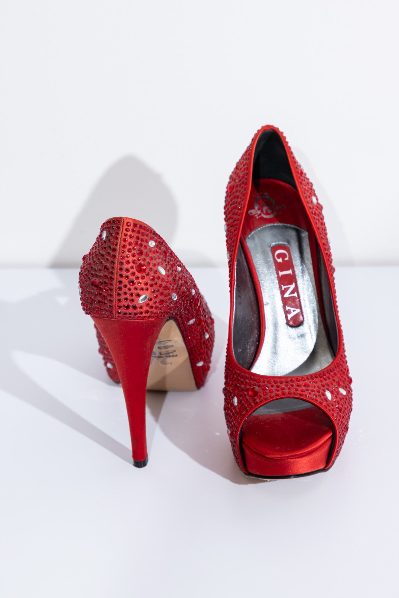 GINA Red Satin Crystal Embellished Peep Toe Platform Pumps