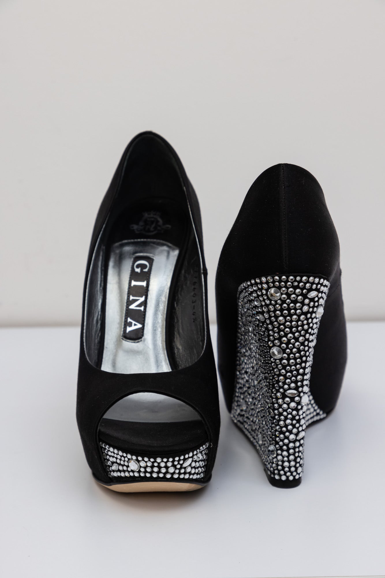 GINA Black Crystal Embellished Satin Belle Open Toe Wedge Pumps