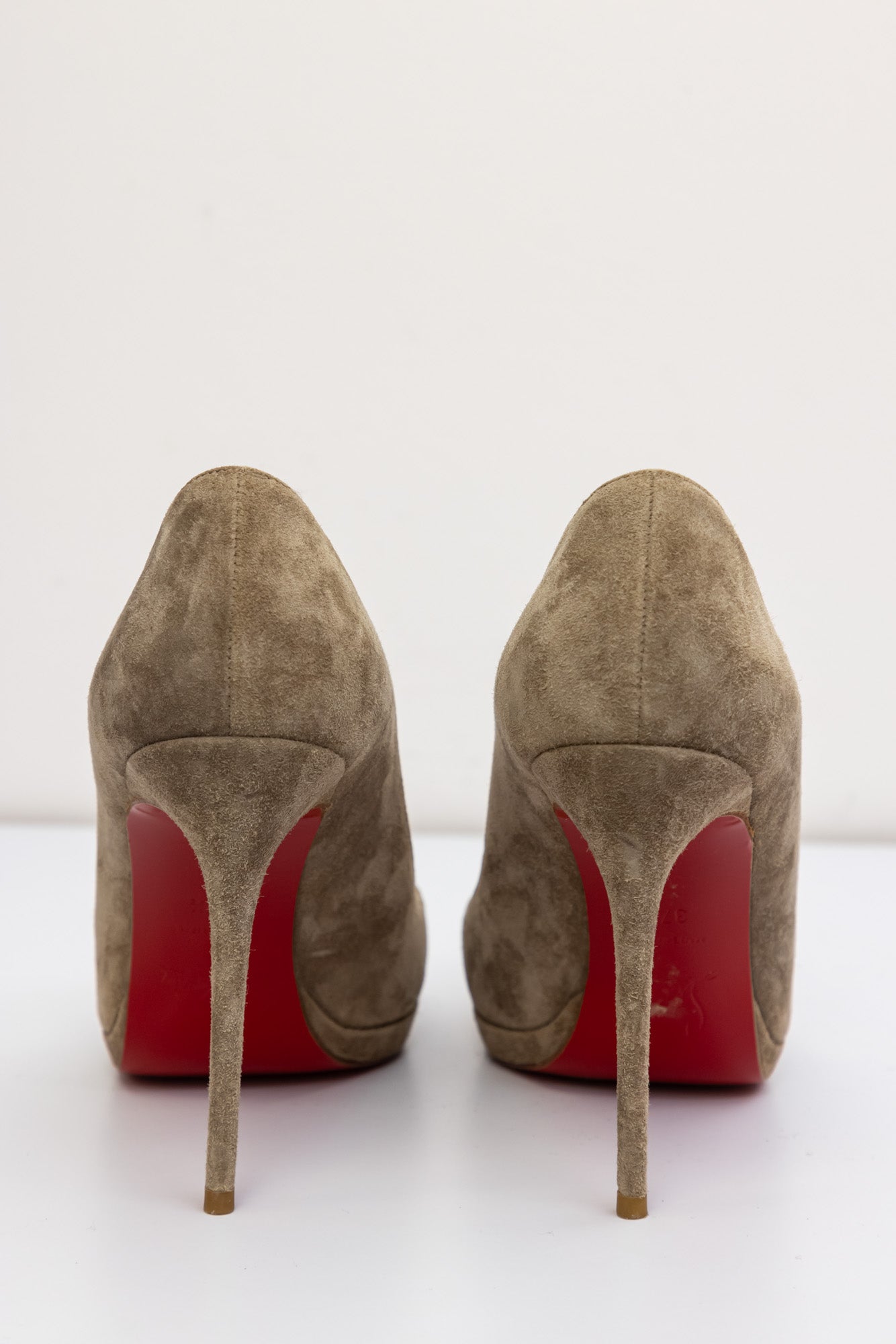 CHRISTIAN LOUBOUTIN Grey Suede Red Bottom Round Toe Pump Heels