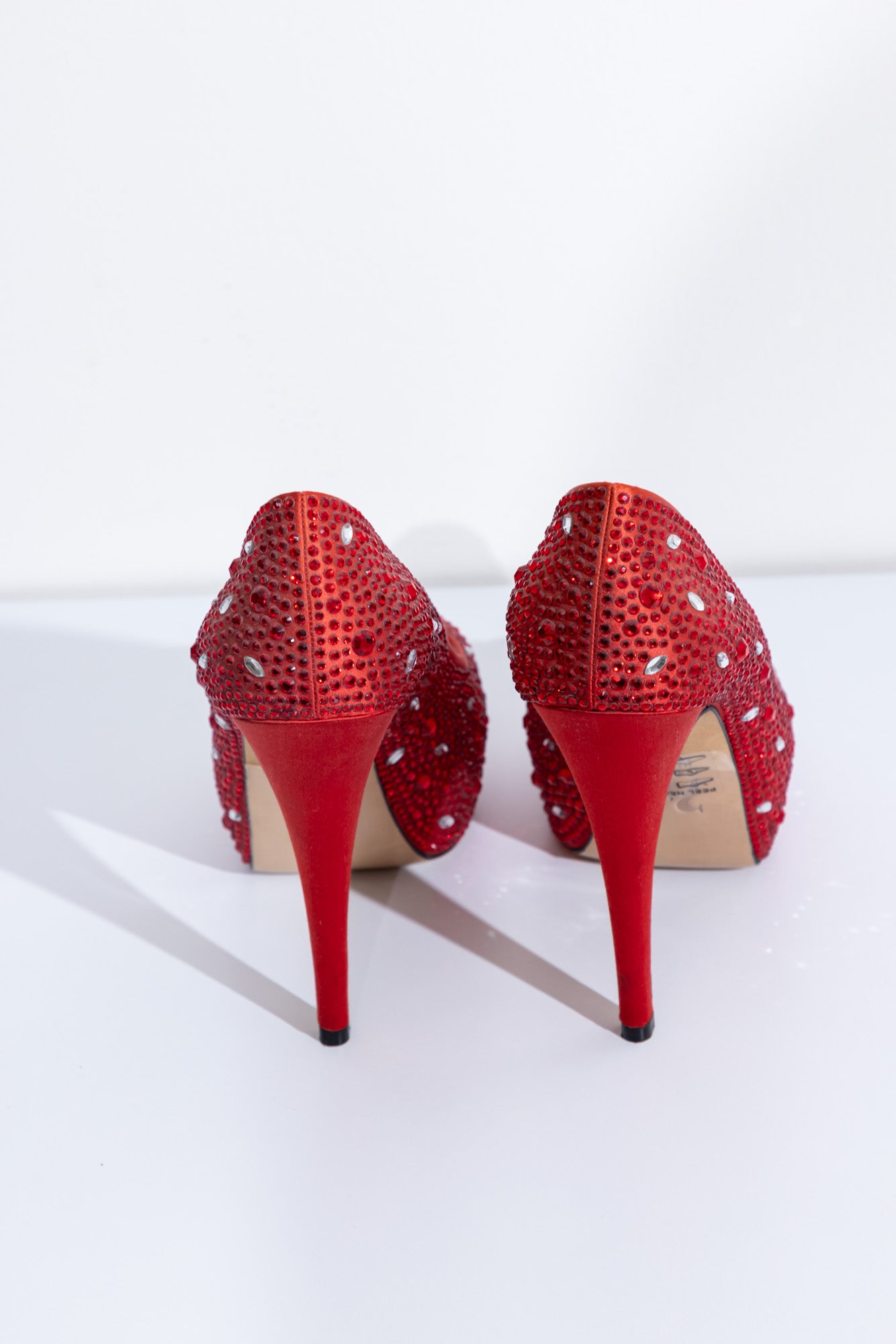 GINA Red Satin Crystal Embellished Peep Toe Platform Pumps