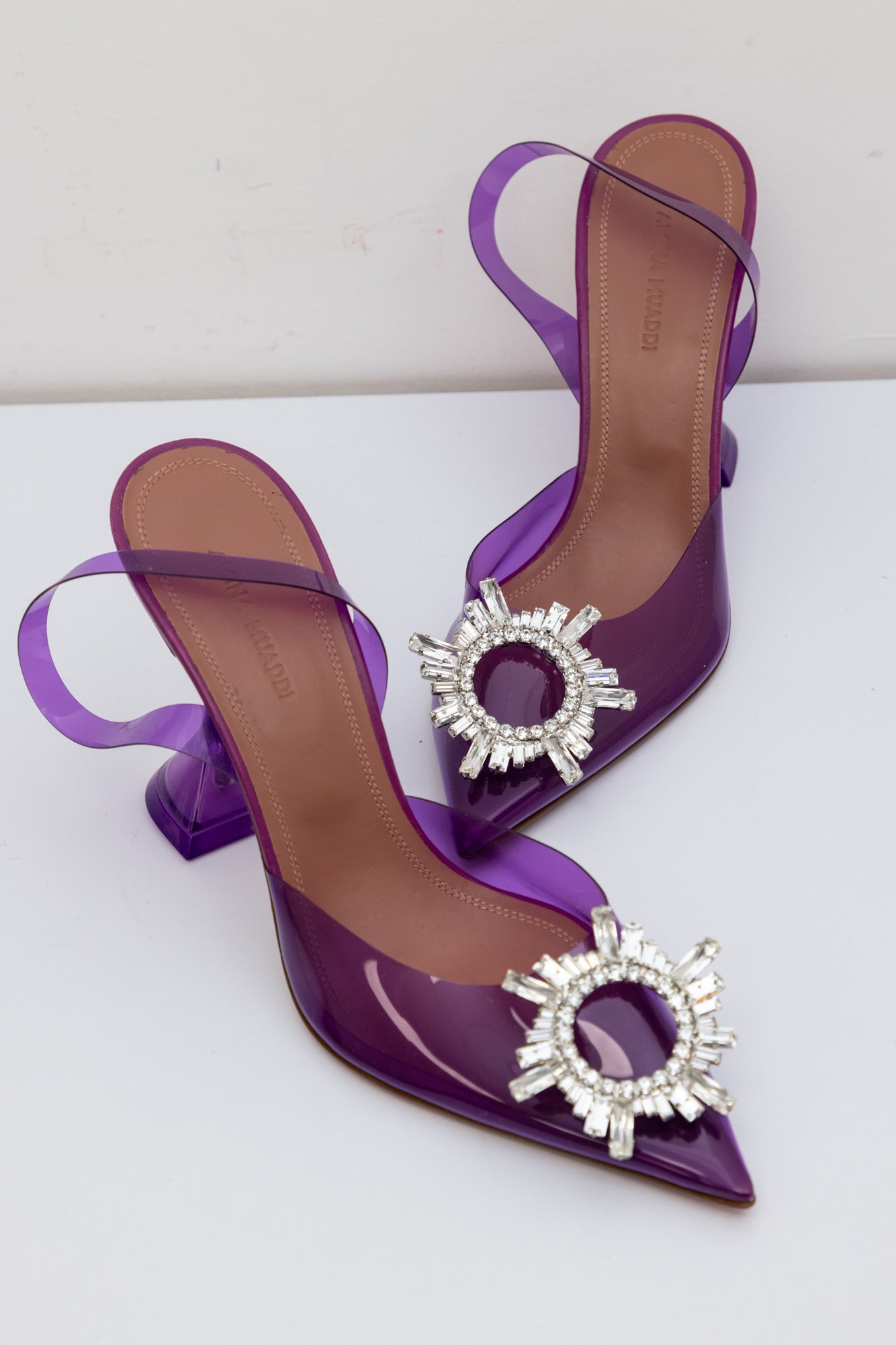 AMINA MUADDI Purple Begum Glass Slingback Heels | Size IT 38 | Made in Italy | New