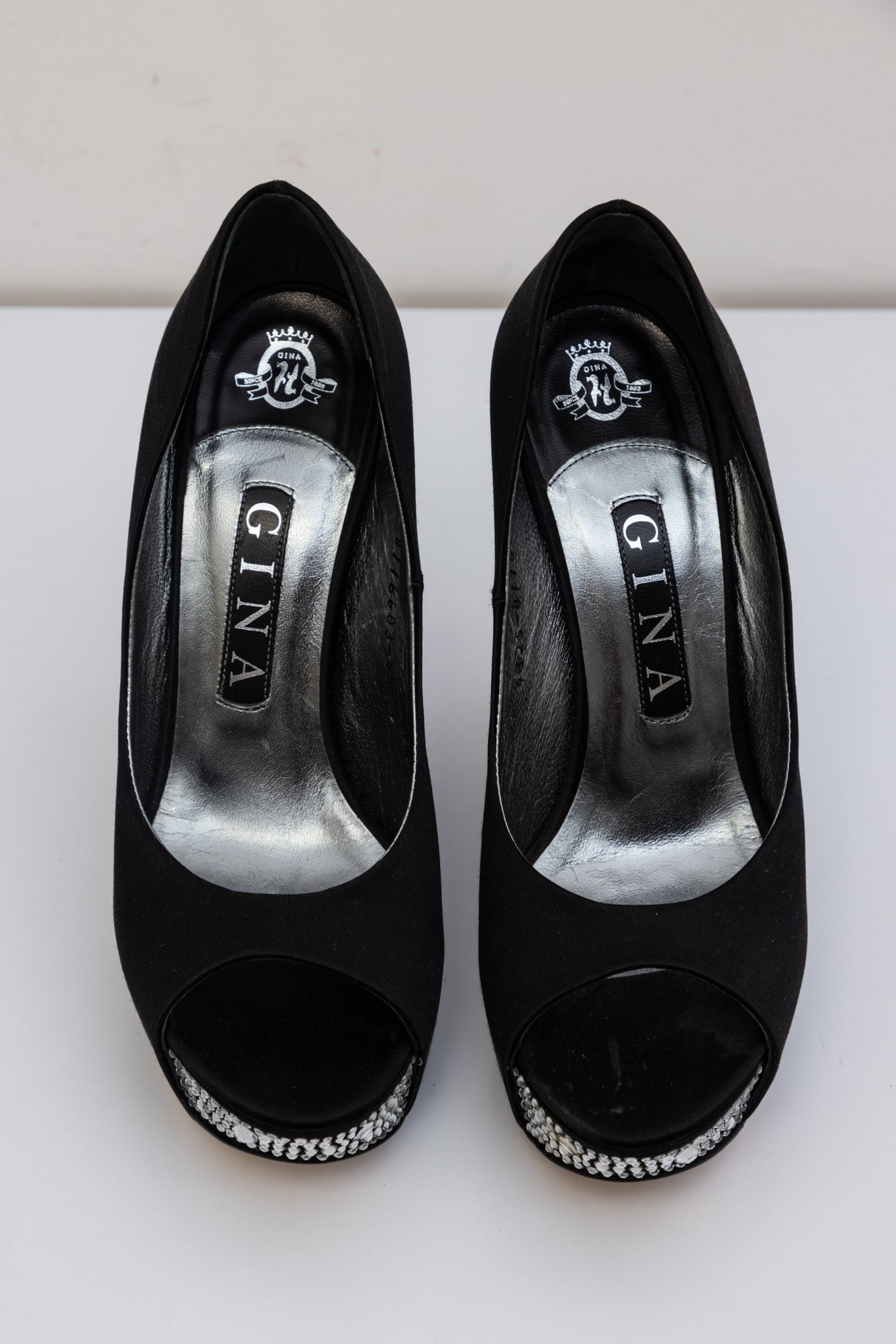 GINA Black Crystal Embellished Satin Belle Open Toe Wedge Pumps