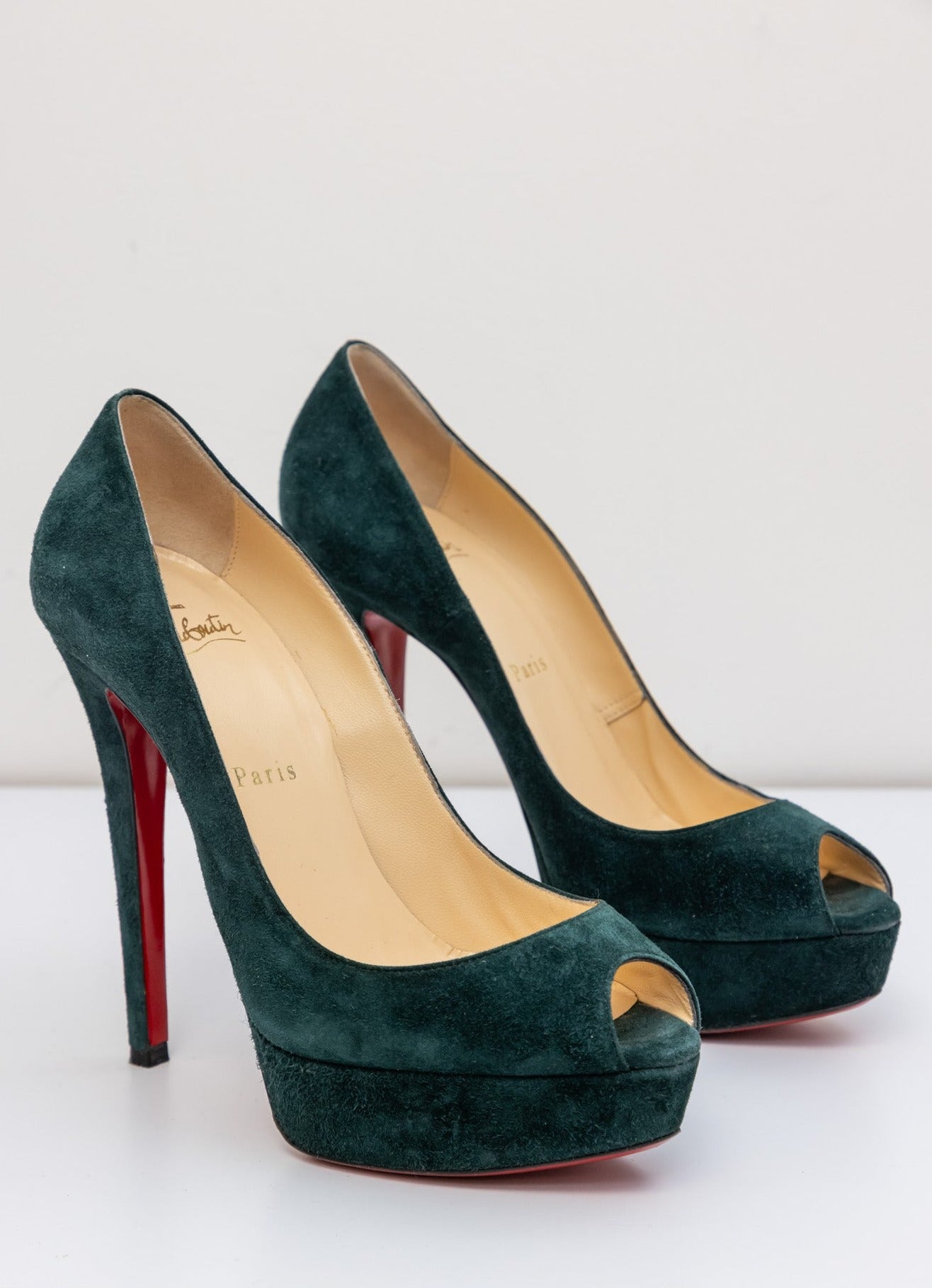 CHRISTIAN LOUBOUTIN Green Suede Red Bottom Open-Toed Pumps | Size IT 37.5 | Very Good Condition | Made in Italy