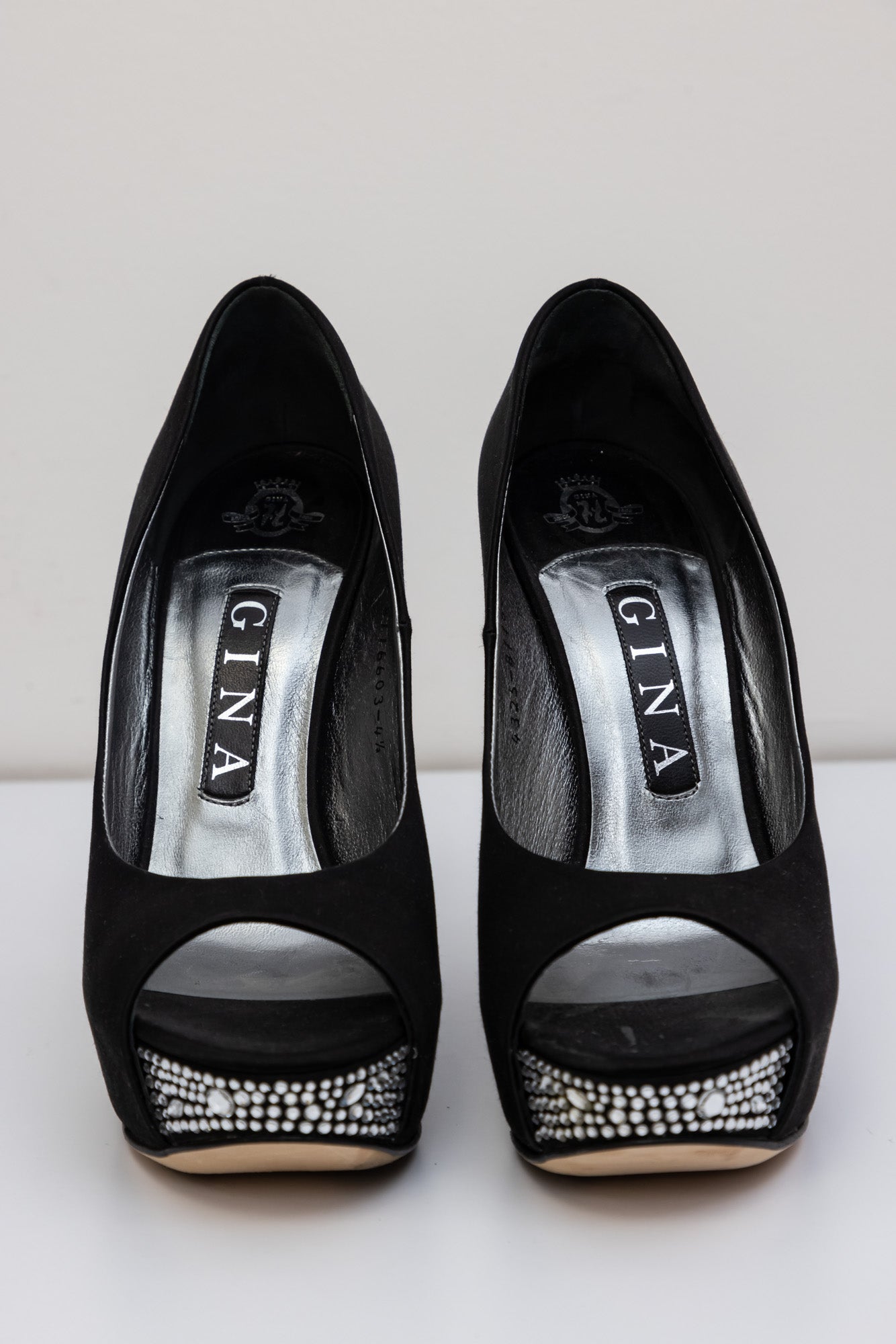 GINA Black Crystal Embellished Satin Belle Open Toe Wedge Pumps