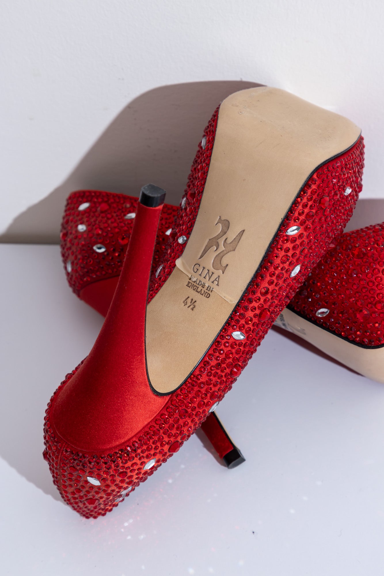 GINA Red Satin Crystal Embellished Peep Toe Platform Pumps