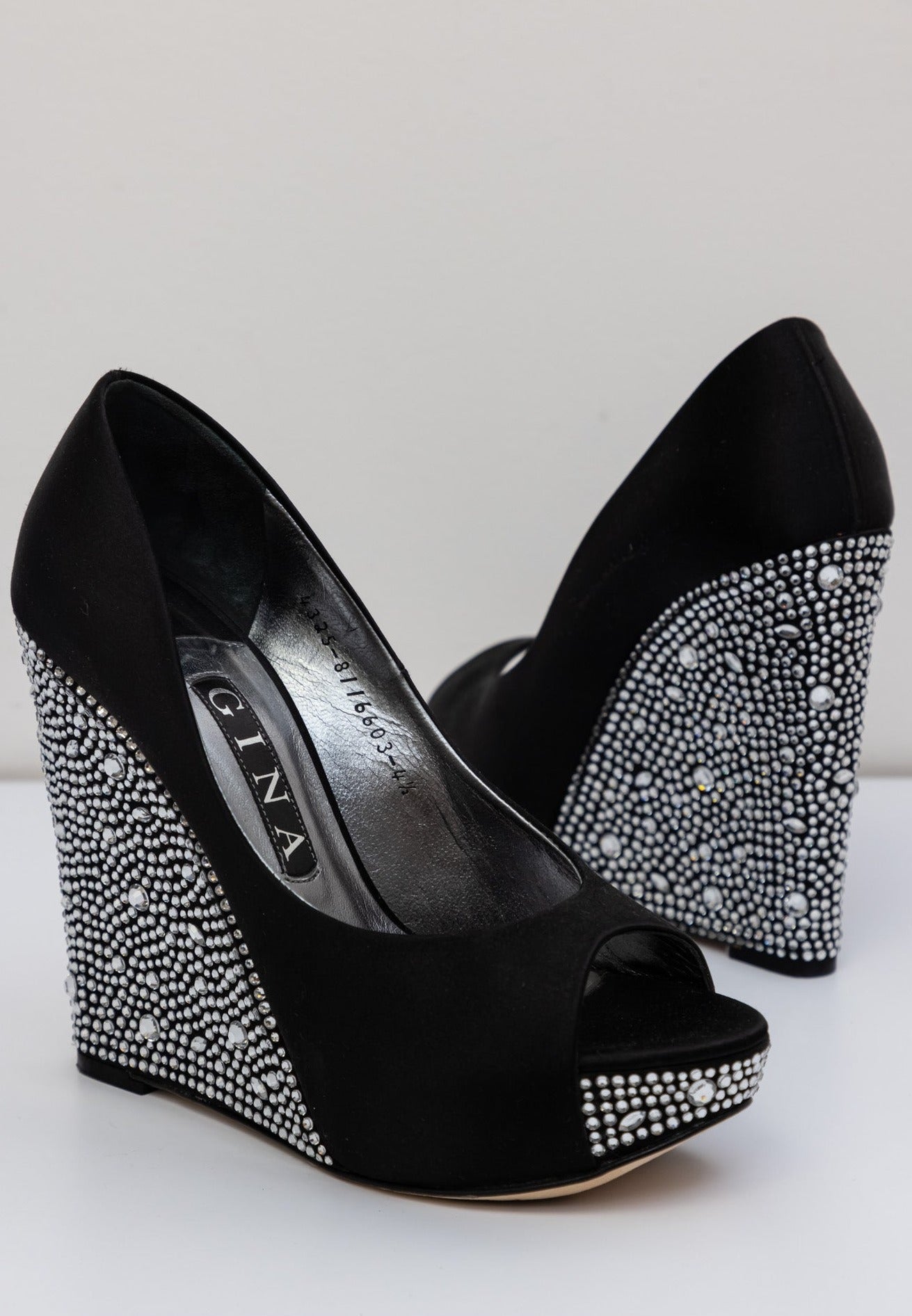 Gina Black Satin Crystal Embellished Wedge Pumps | UK 4.5