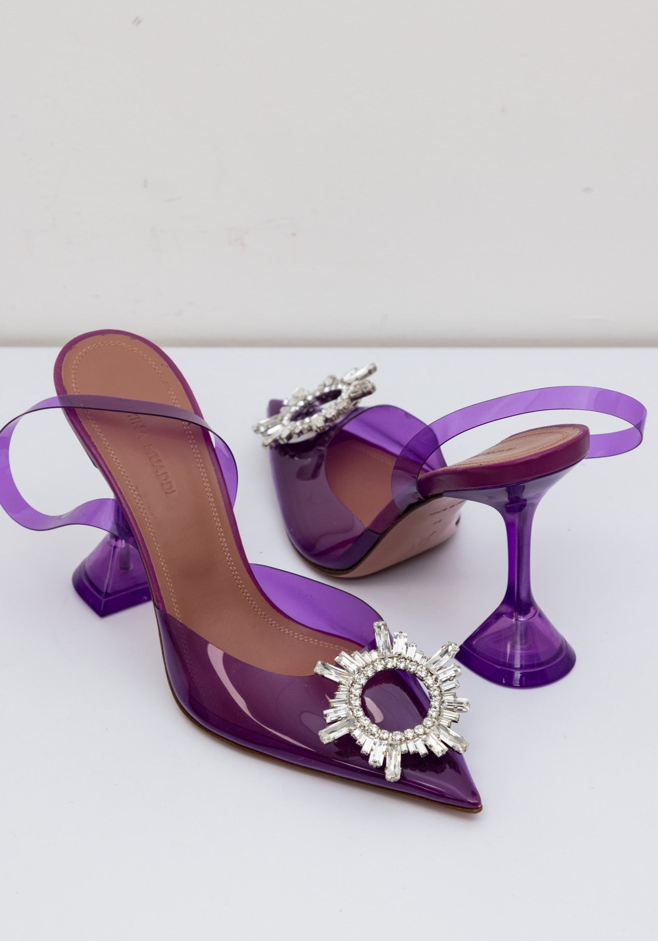 AMINA MUADDI Purple Begum Glass Slingback Heels | Size IT 38 | Made in Italy | New