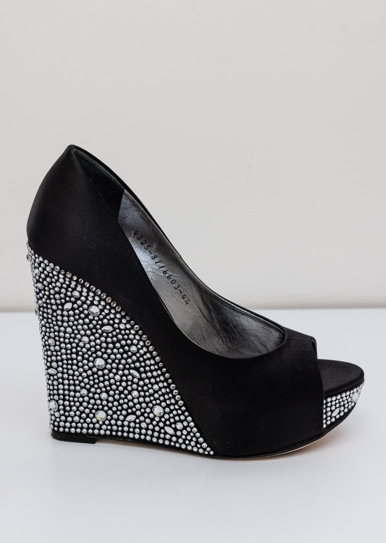 GINA Black Crystal Embellished Satin Belle Open Toe Wedge Pumps