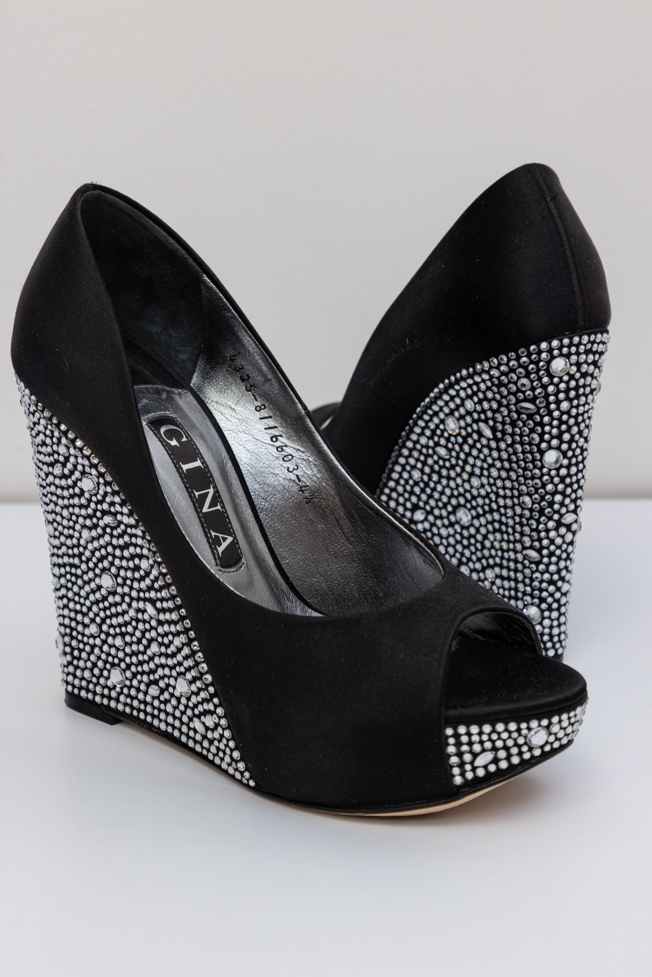 GINA Black Crystal Embellished Satin Belle Open Toe Wedge Pumps