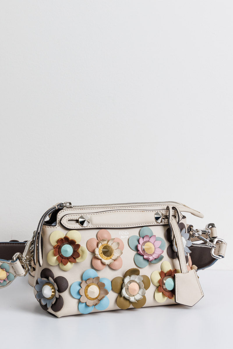 FENDI Off White Leather Mini By The Way Flowerland Crossbody Bag | Signature Sophistication and Style