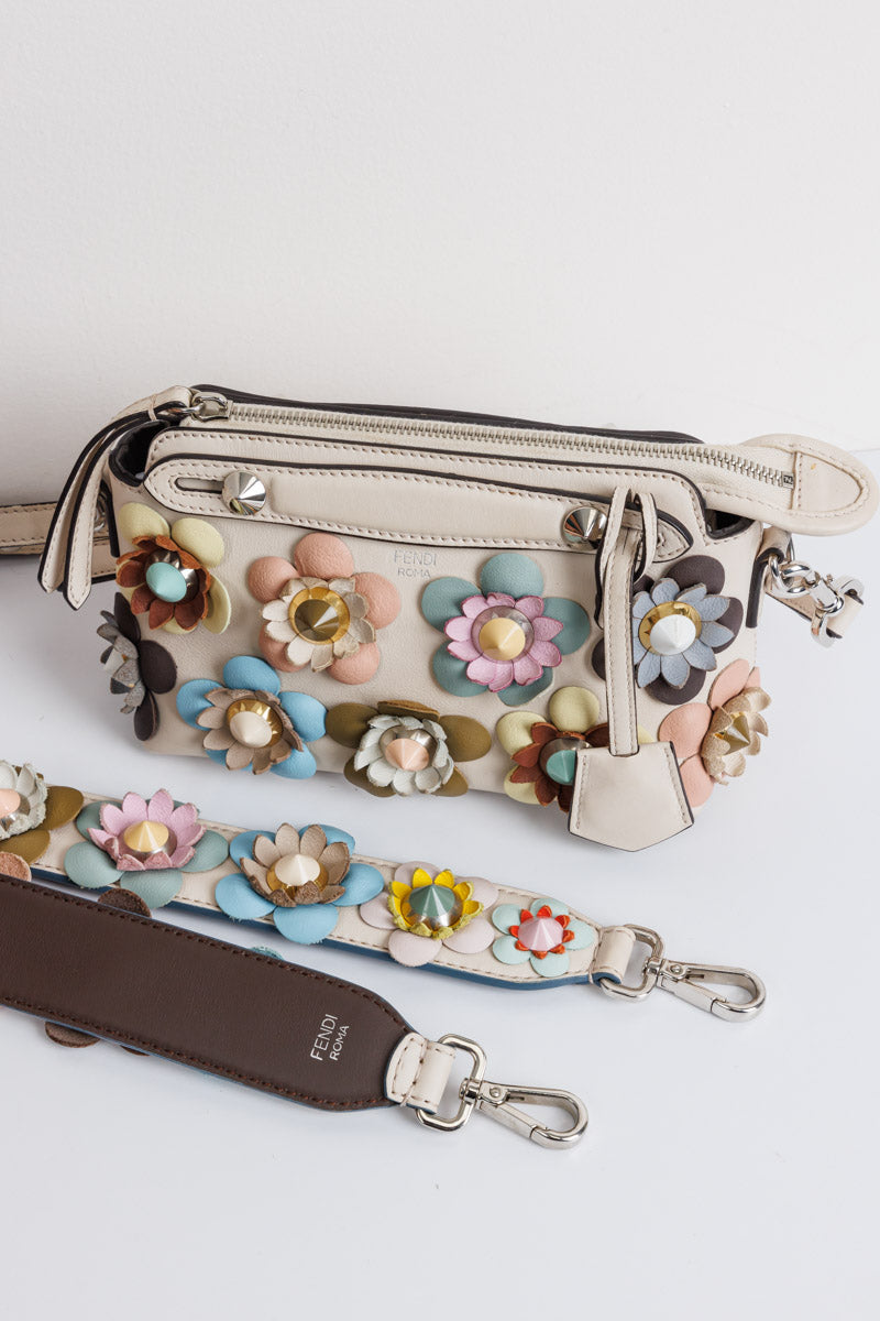 FENDI Off White Leather Mini By The Way Flowerland Crossbody Bag | Signature Sophistication and Style