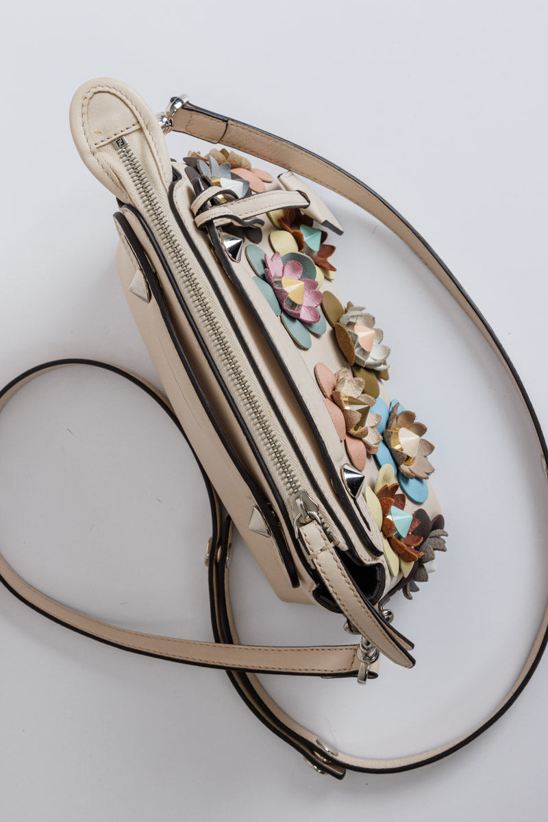 FENDI Off White Leather Mini By The Way Flowerland Crossbody Bag | Signature Sophistication and Style