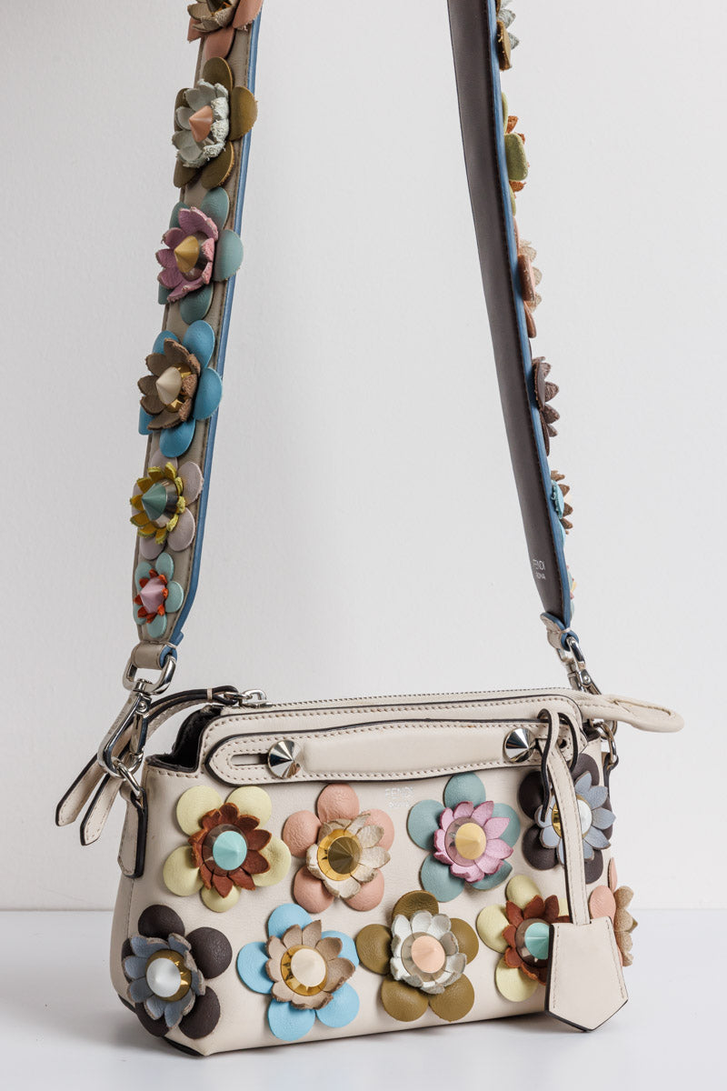 FENDI Off White Leather Mini By The Way Flowerland Crossbody Bag | Signature Sophistication and Style