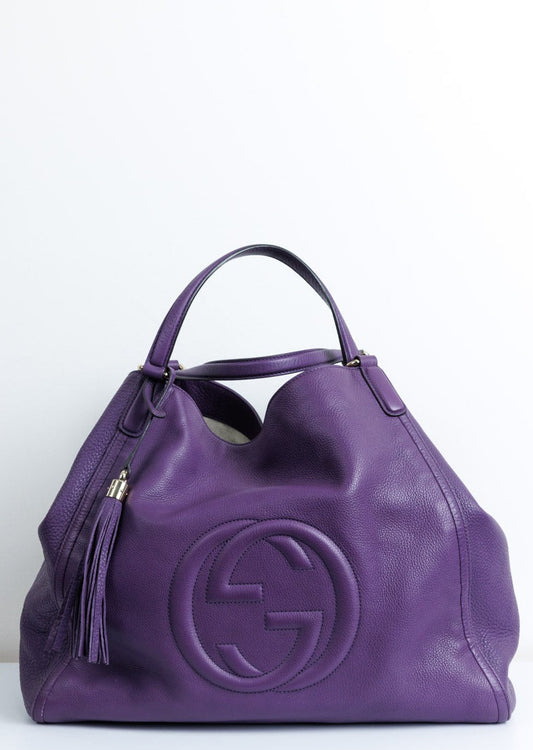 GUCCI Purple Pebbled Leather Medium Soho Tote | Signature GG Design