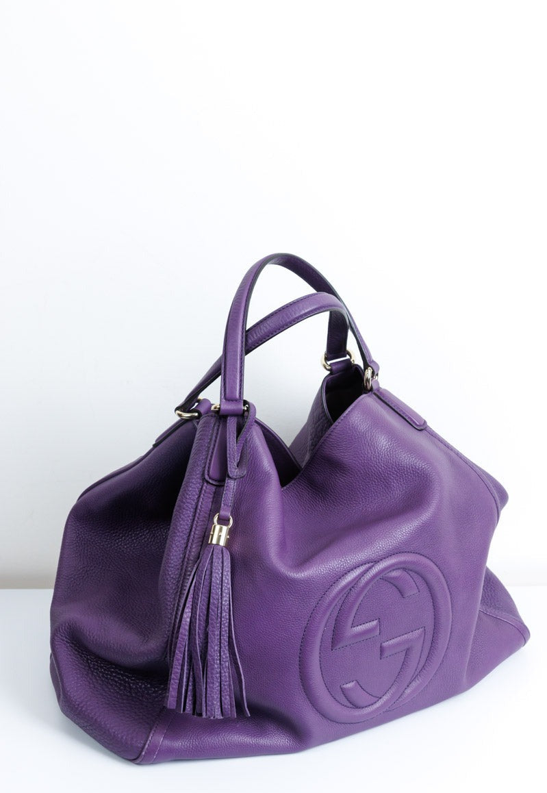 GUCCI Purple Pebbled Leather Medium Soho Tote | Signature GG Design