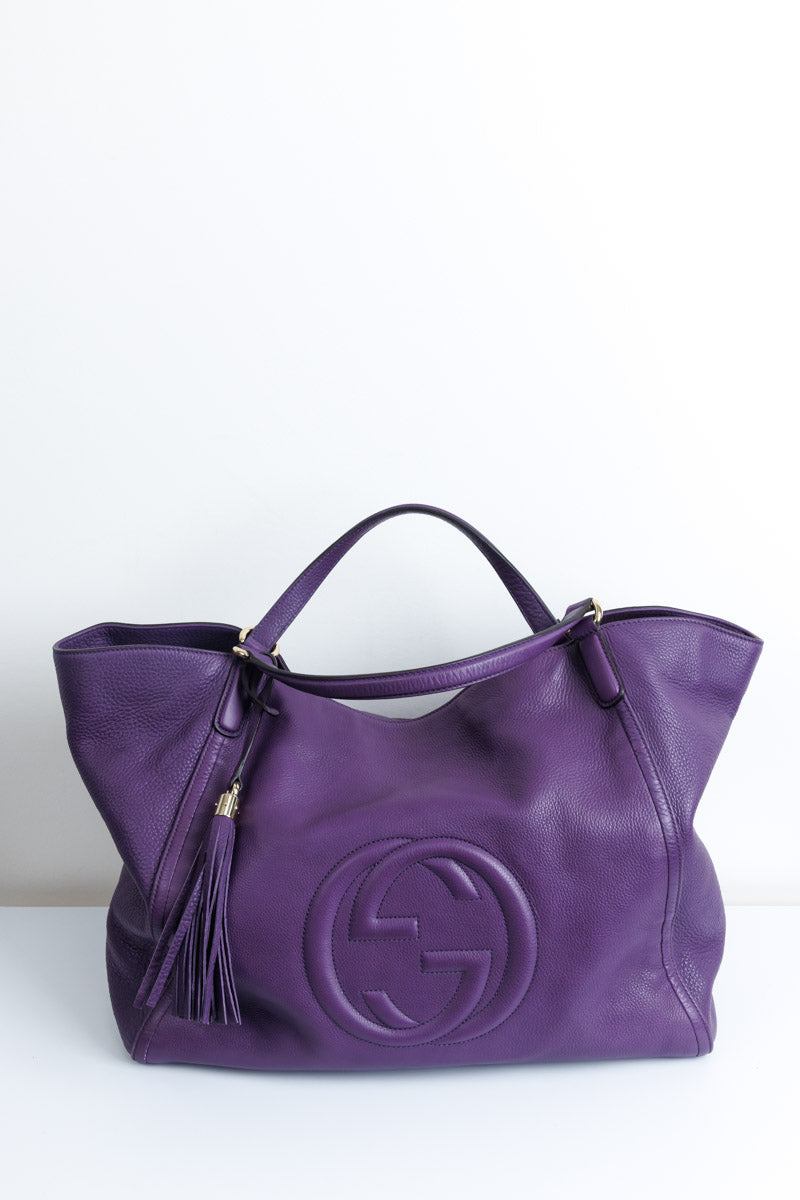 GUCCI Purple Pebbled Leather Medium Soho Tote | Signature GG Design