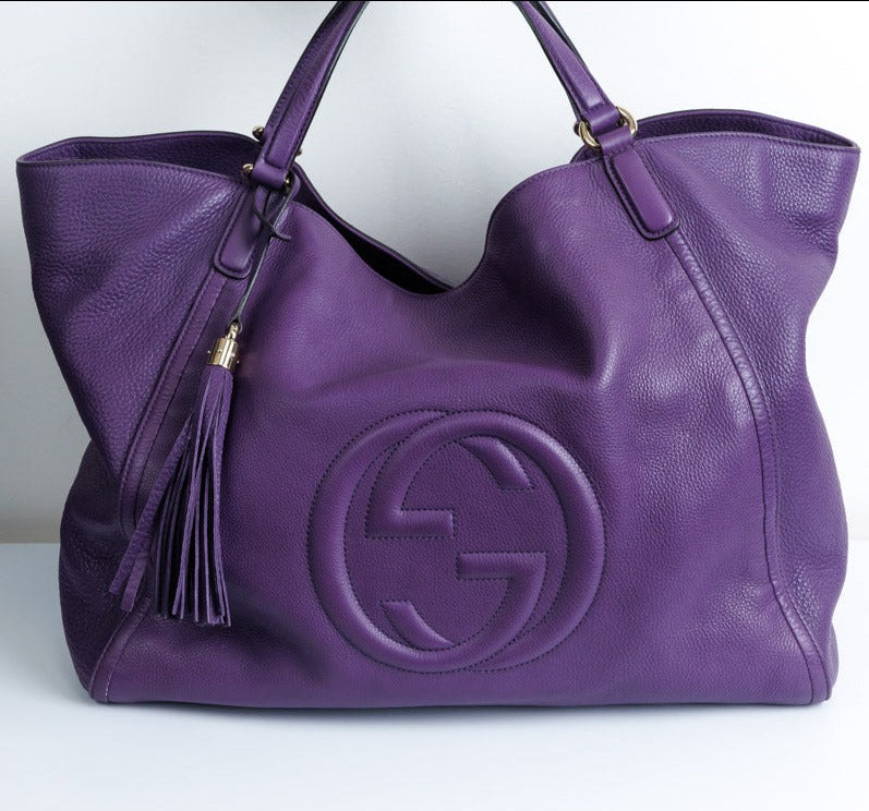 GUCCI Purple Pebbled Leather Medium Soho Tote | Signature GG Design