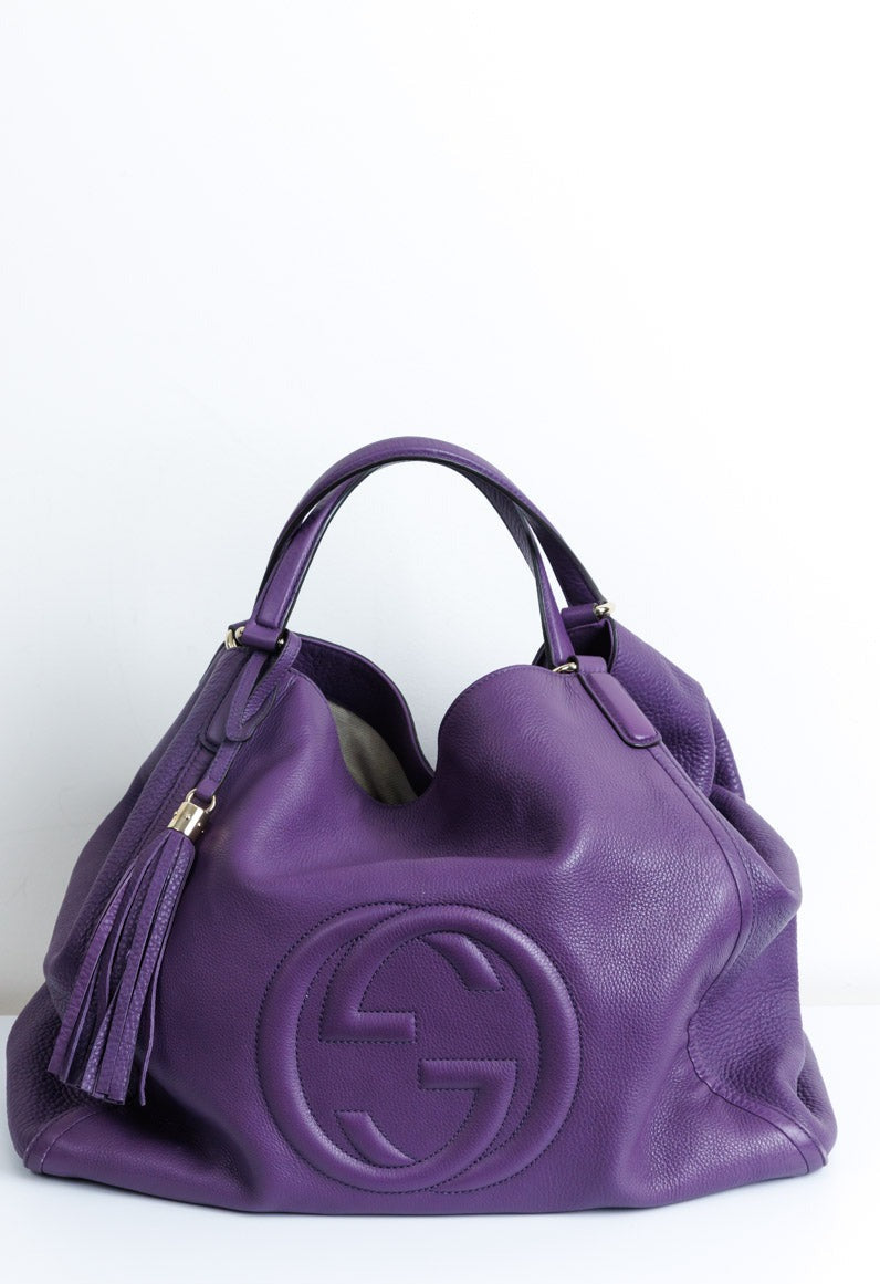 GUCCI Purple Pebbled Leather Medium Soho Tote | Signature GG Design