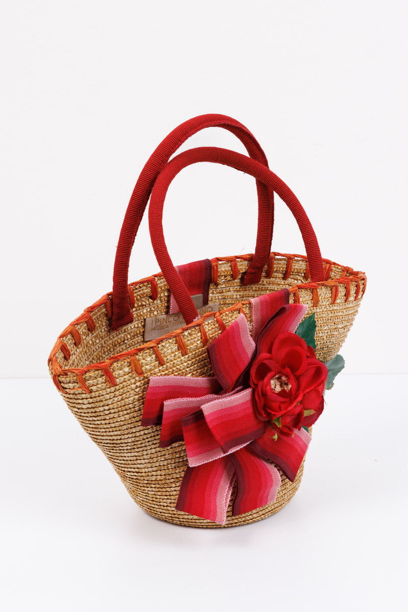 Pinco Pallino Girls Straw Bag with Red Flowers | Stylish and Vibrant Straw Bag for Girls