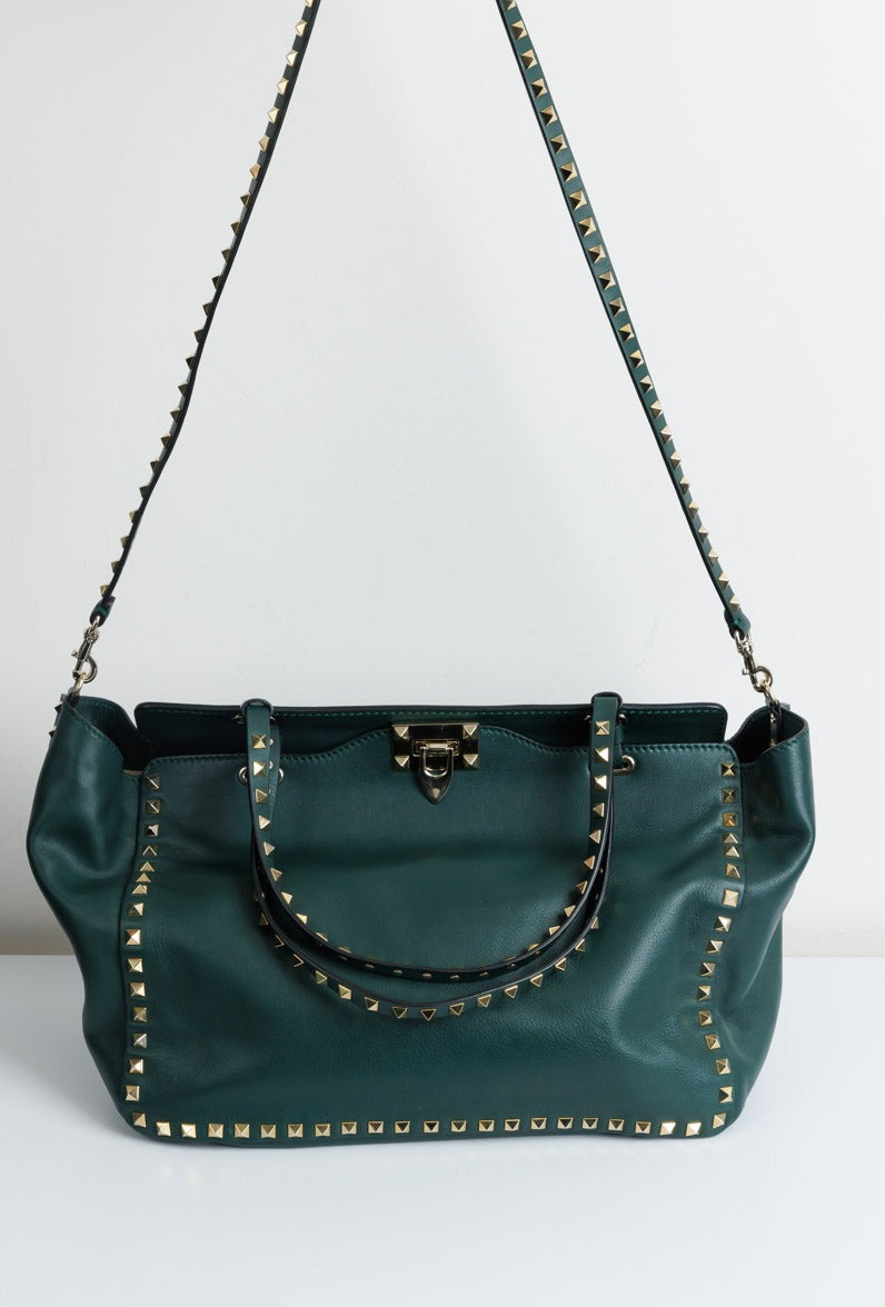 VALENTINO GARAVANI Rockstud Medium Tote Green Calf Leather