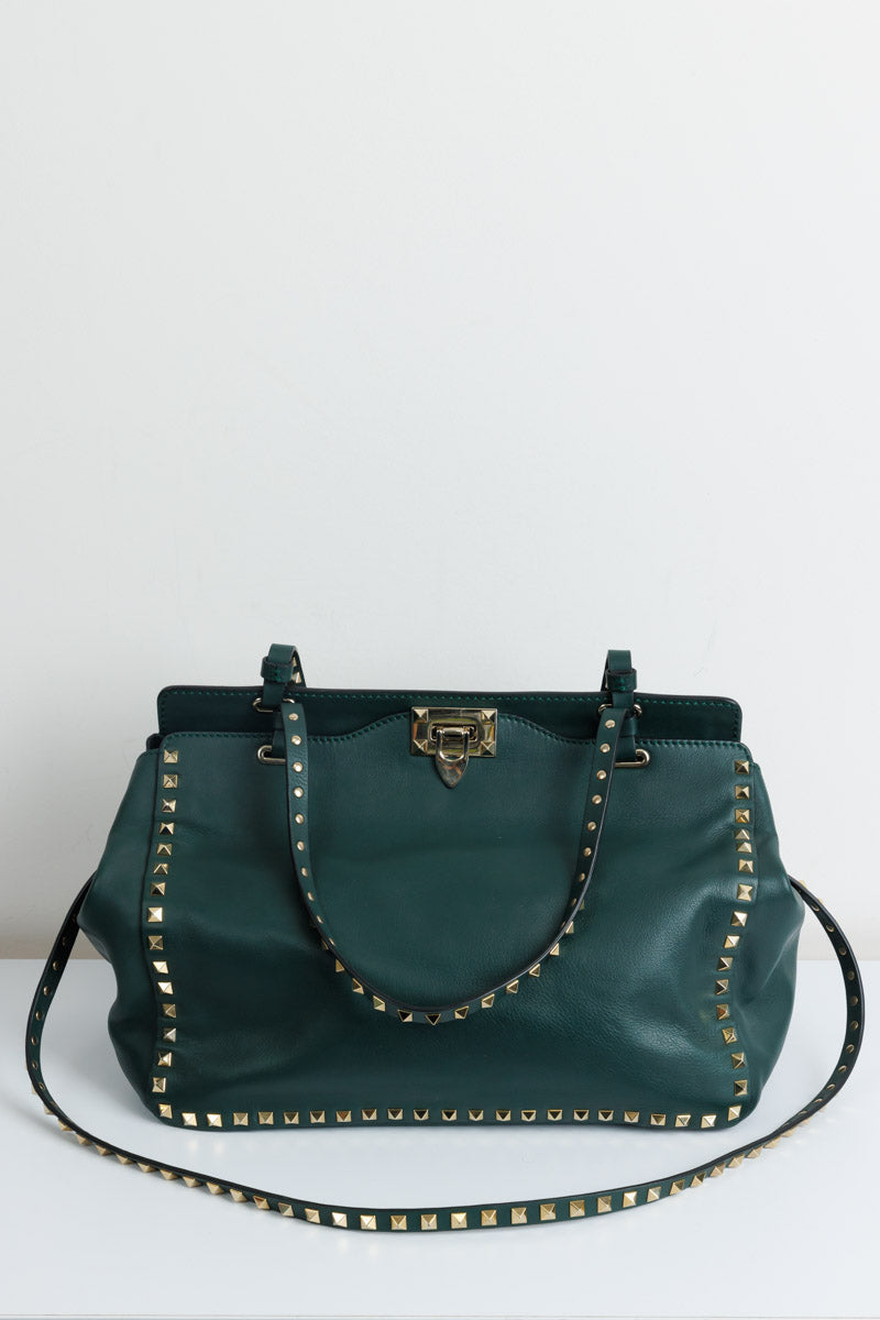 VALENTINO GARAVANI Rockstud Medium Tote Green Calf Leather