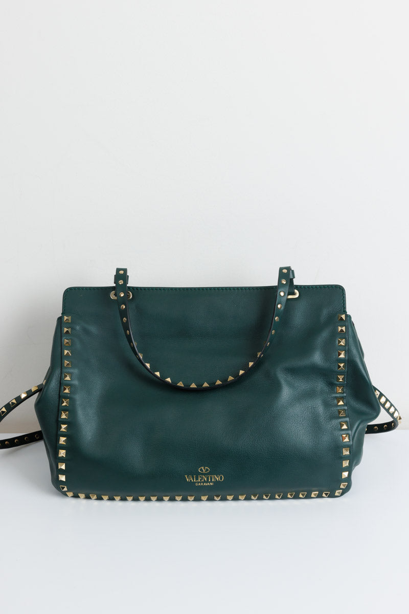 VALENTINO GARAVANI Rockstud Medium Tote Green Calf Leather