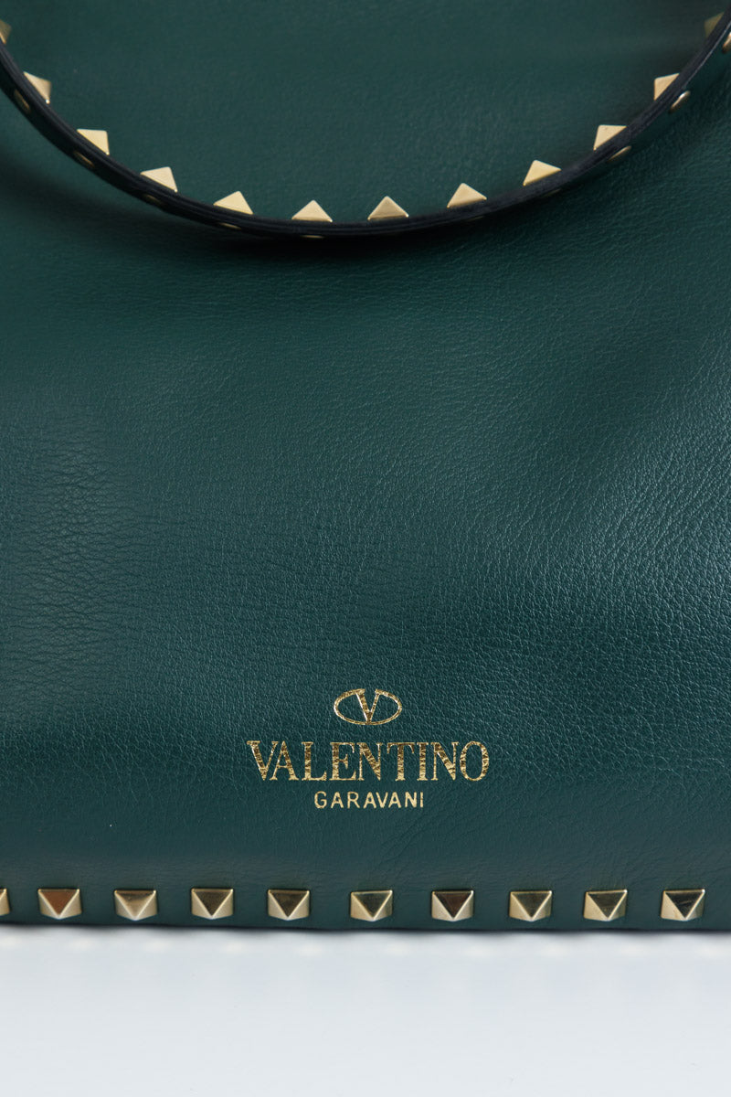 VALENTINO GARAVANI Rockstud Medium Tote Green Calf Leather