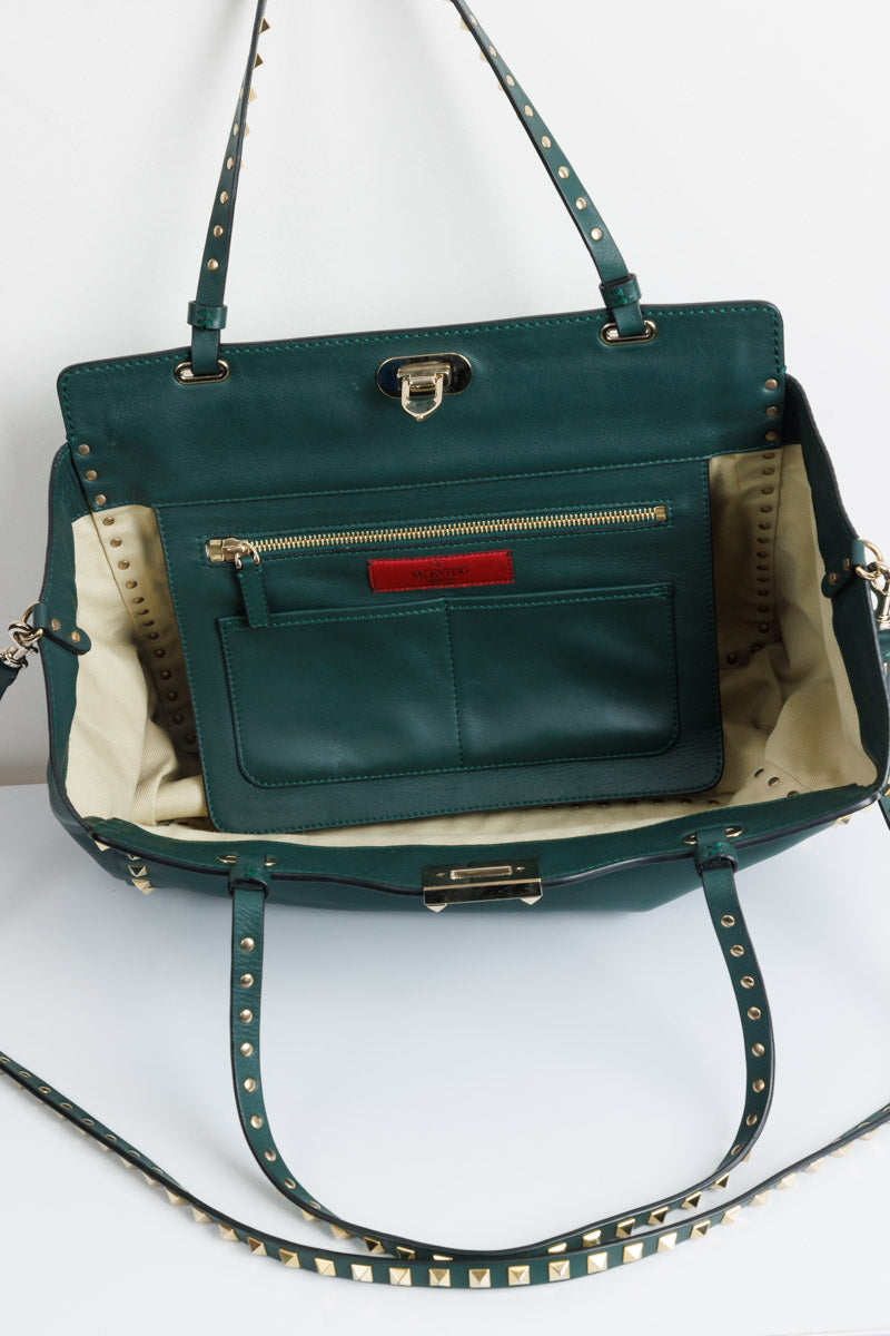 VALENTINO GARAVANI Rockstud Medium Tote Green Calf Leather