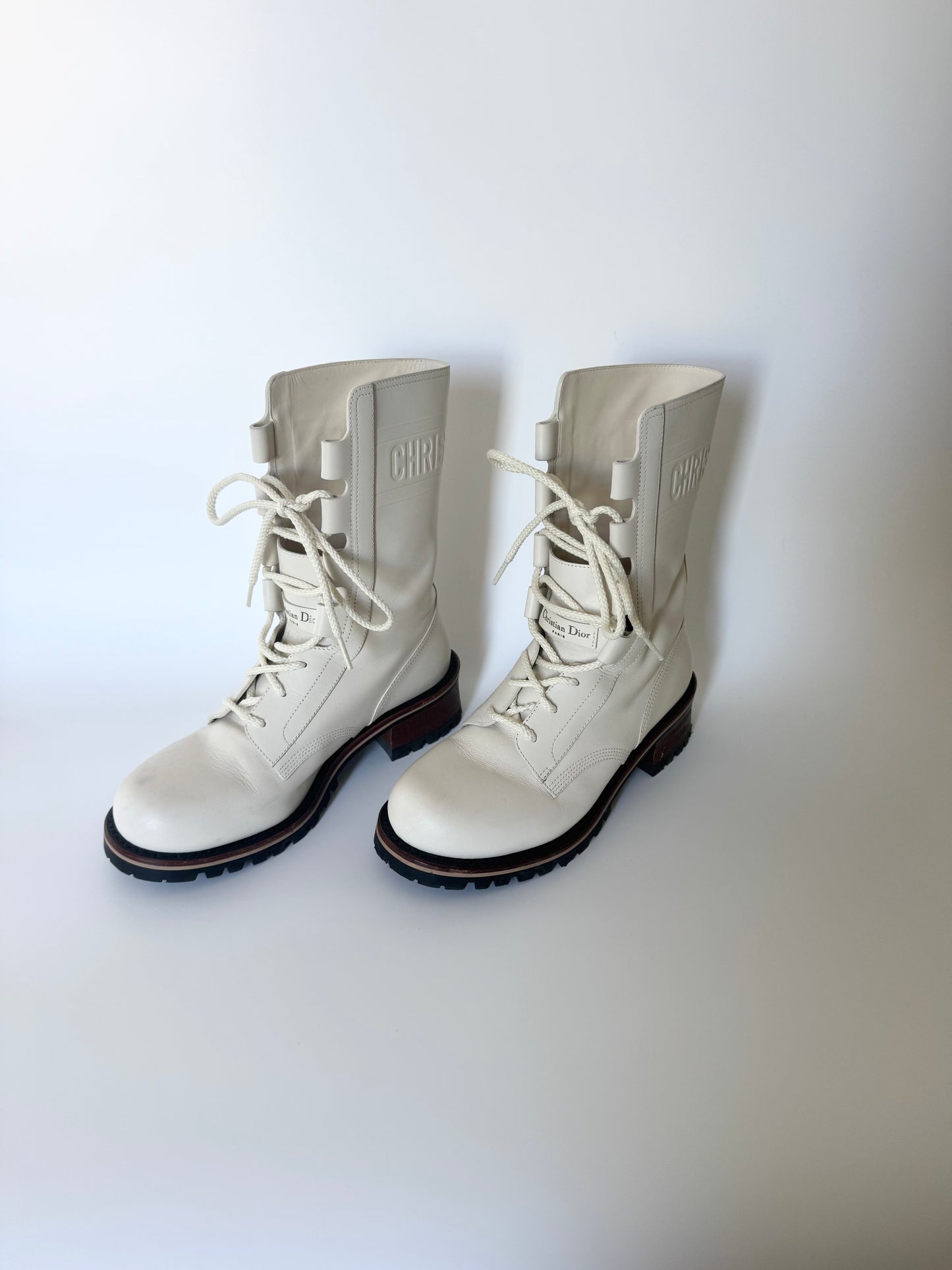 Christian Dior Off-White Cream Leather Lace-Up Tall Boots Size 38 – Italian Elegance