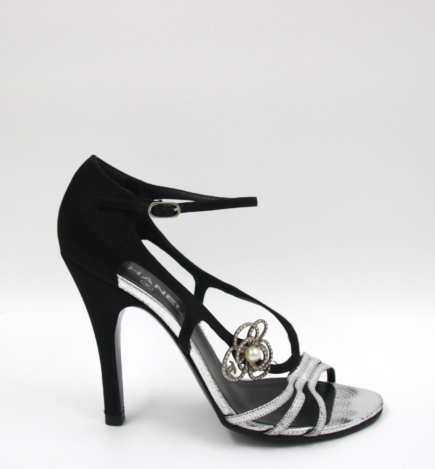 CHANEL Black/Silver Satin Ankle Strap Sandals | Size 40 | Krung Embellished | Made in Italy