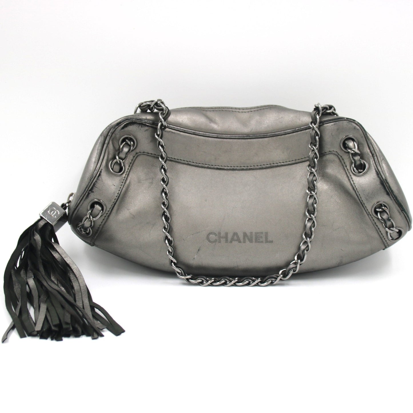 CHANEL Metallic Grey Leather Tassel Evening Bag