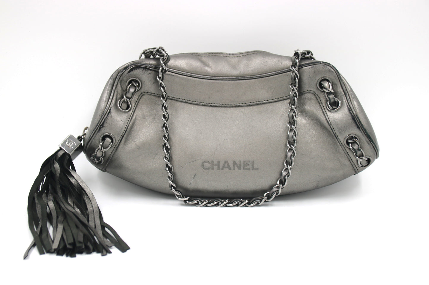 CHANEL Metallic Grey Leather Tassel Evening Bag