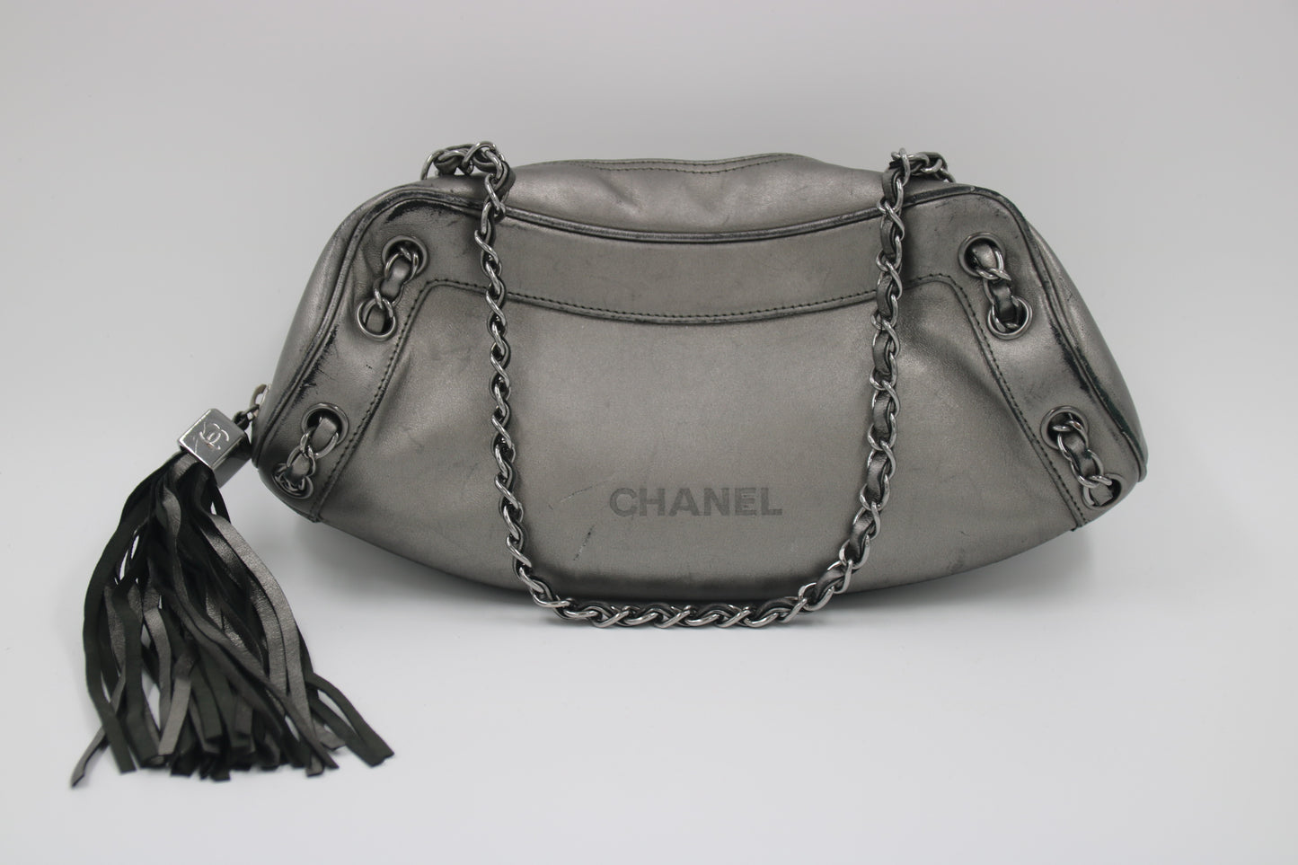 CHANEL Metallic Grey Leather Tassel Evening Bag