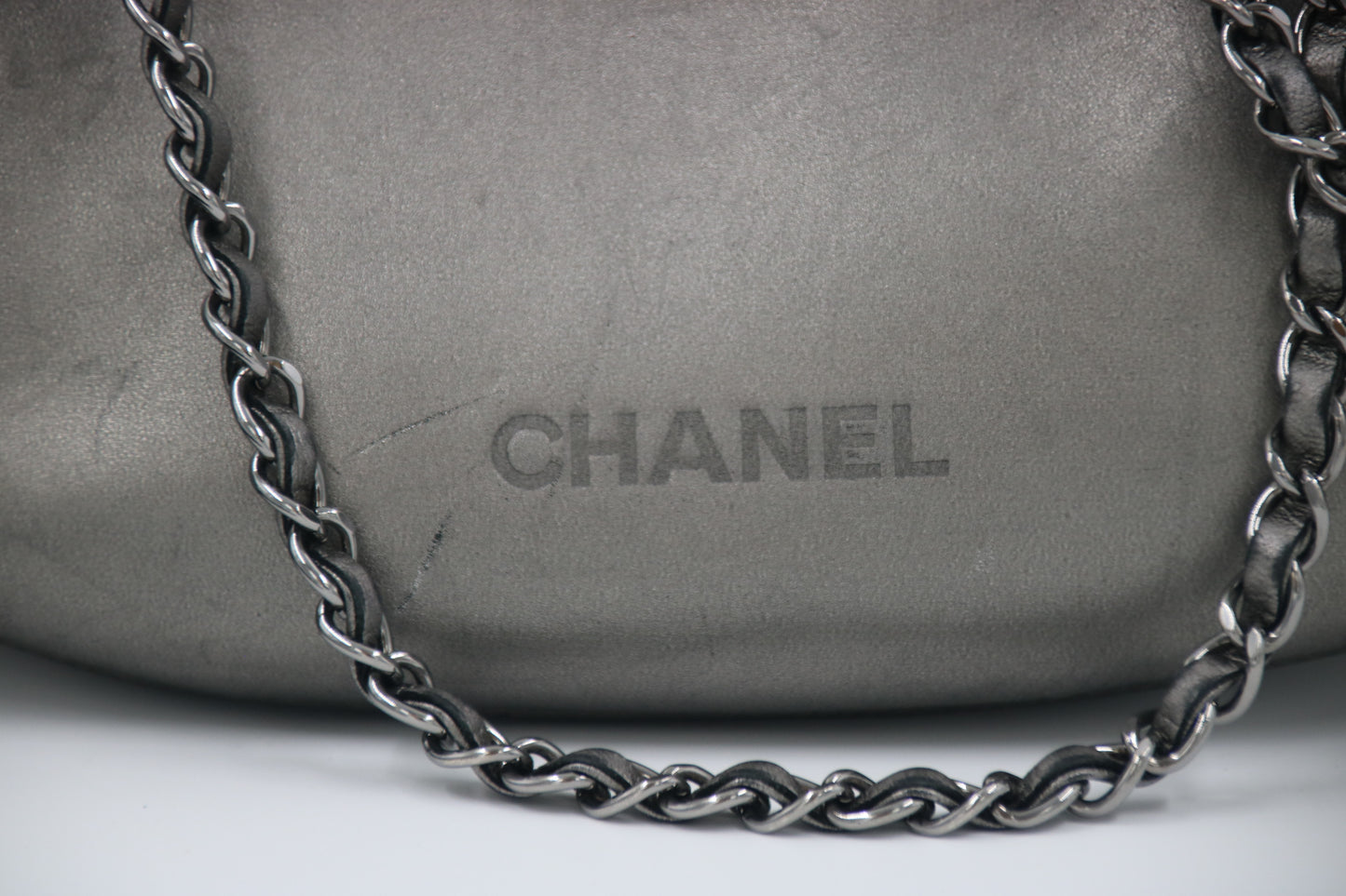 CHANEL Metallic Grey Leather Tassel Evening Bag