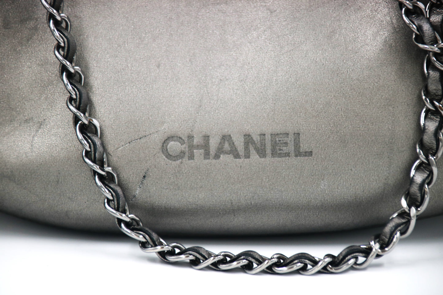 CHANEL Metallic Grey Leather Tassel Evening Bag