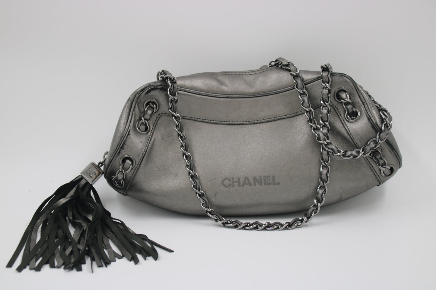 CHANEL Metallic Grey Leather Tassel Evening Bag