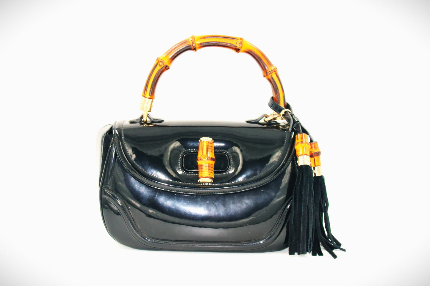 GUCCI Black Patent Leather New Bamboo Top Handle Bag