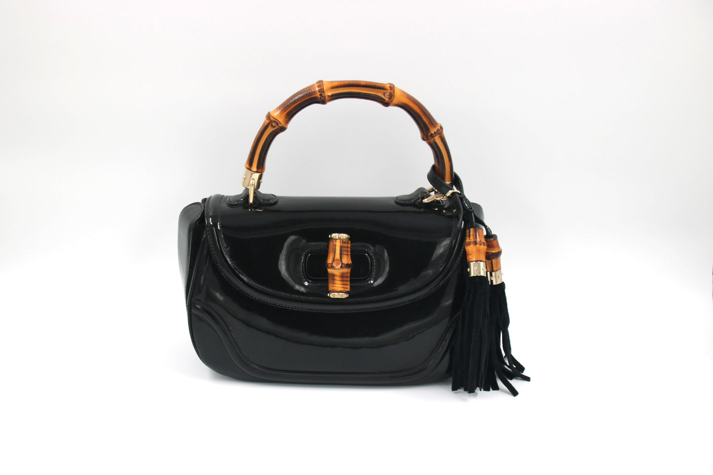 GUCCI Black Patent Leather New Bamboo Top Handle Bag