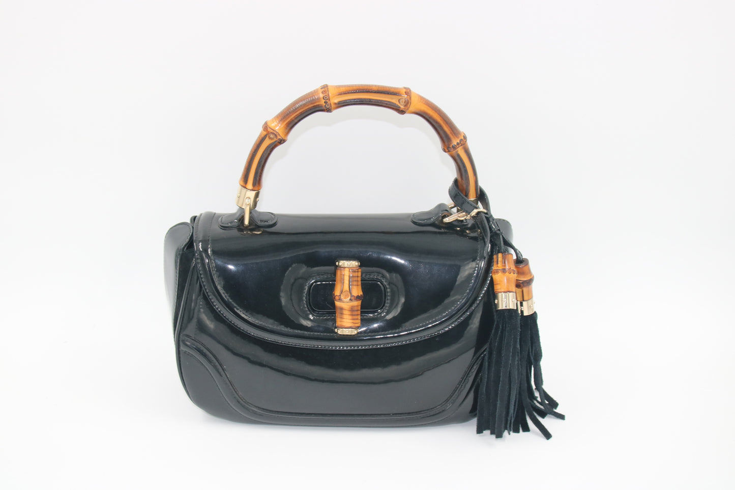 GUCCI Black Patent Leather New Bamboo Top Handle Bag