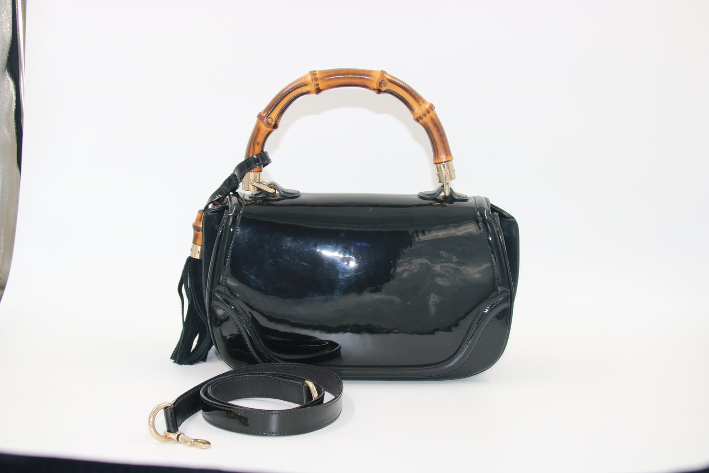 GUCCI Black Patent Leather New Bamboo Top Handle Bag