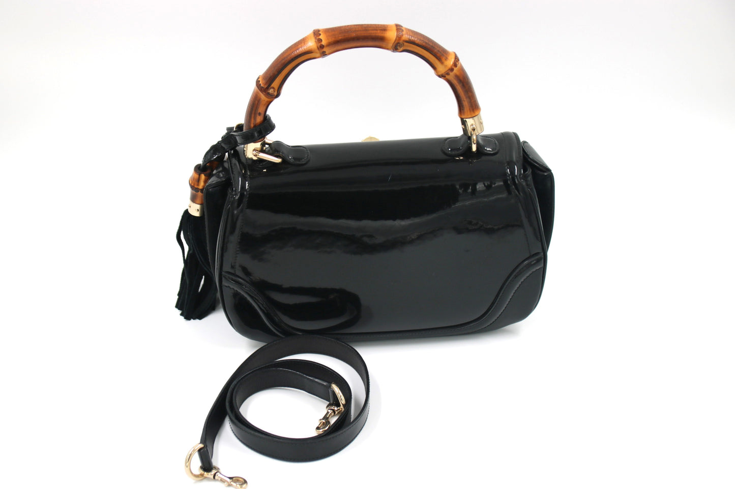 GUCCI Black Patent Leather New Bamboo Top Handle Bag